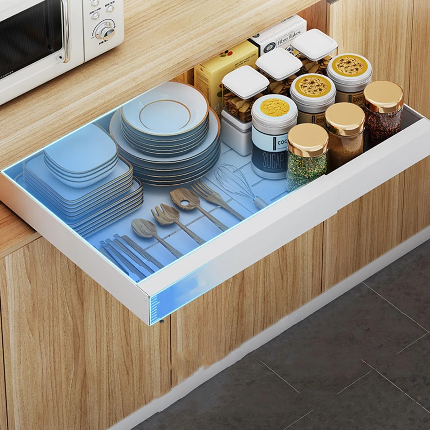 قفسه های انباری کشویی و قابل افزایش، قفسه های ذخیره سازی نوع کشویی آشپزخانه با سینی کشویی ریلی، قفسه ذخیره سازی آشپزخانه کشویی، قفسه های ادویه (بزرگ (44-68 سانتی متر))، 1 عدد