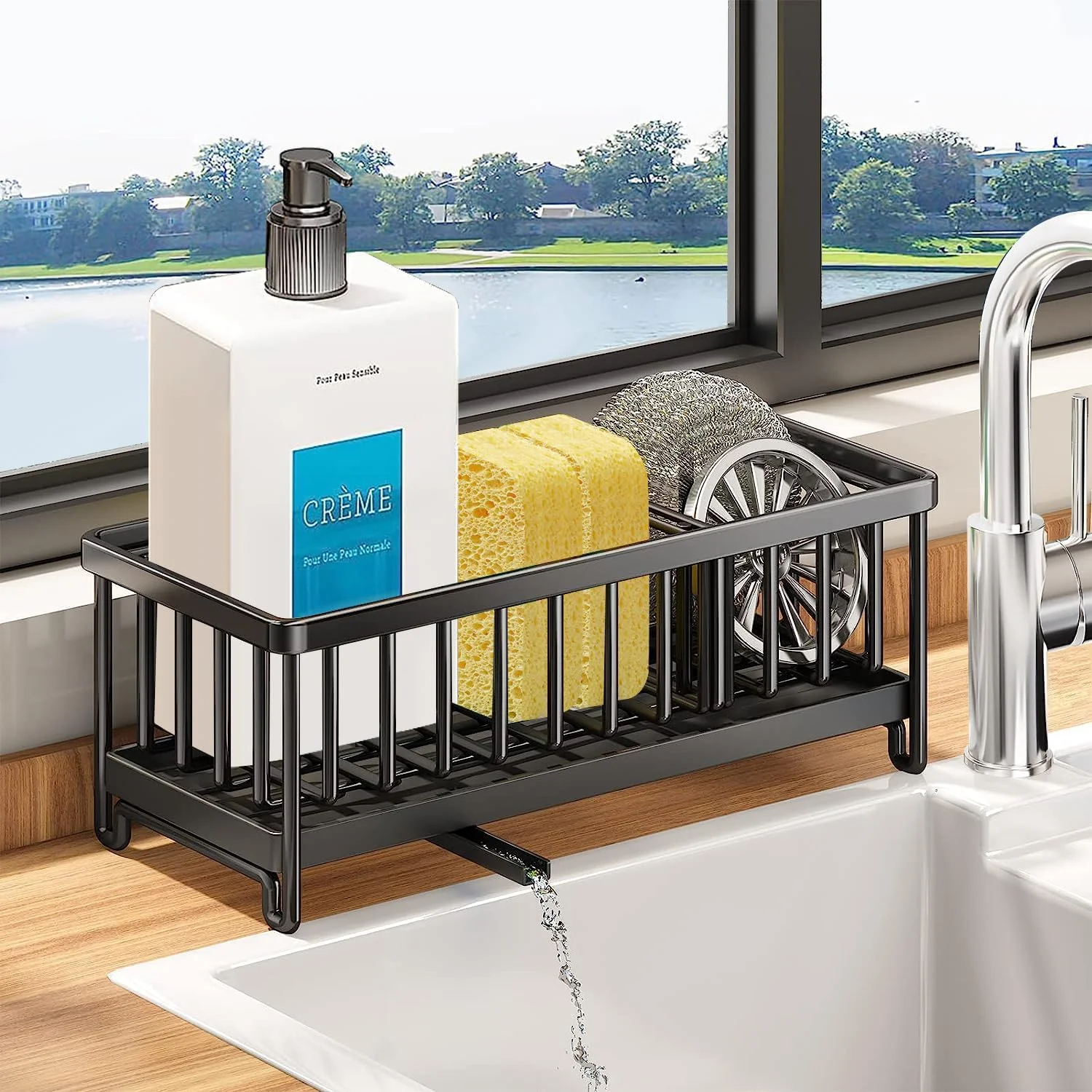 نگهدارنده اسفنج Exrp برای سینک ظرفشویی، سبد سینک ظرفشویی، سازمان دهنده اسفنج ظرفشویی ضد زنگ استیل 304 با جداکننده، نگهدارنده برس پخش کننده مایع ظرفشویی