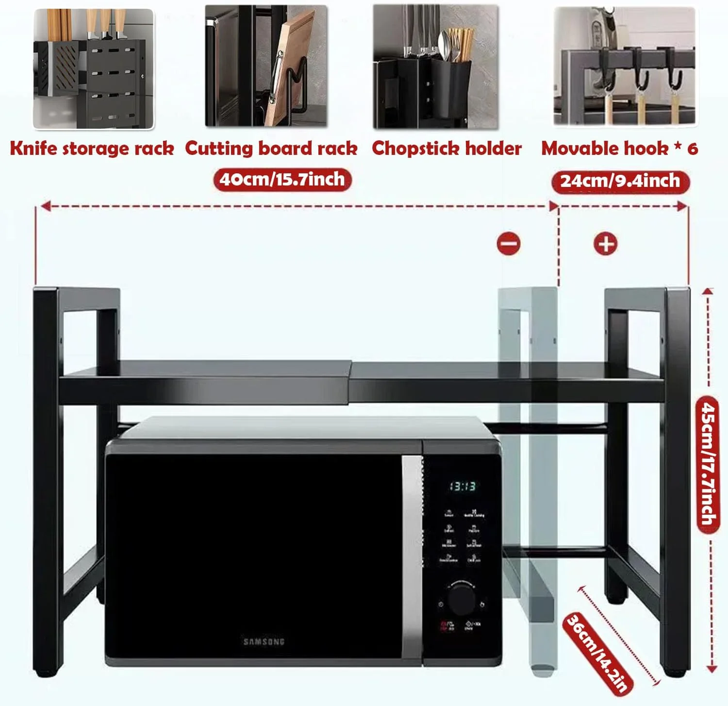قفسه مایکروویو قابل گسترش، قفسه قابل تنظیم برای پیشخوان آشپزخانه، پایه مایکروویو 2 طبقه با پایه تخته برش و 6 قلاب برای سازماندهی رویه کابینت آشپزخانه (مشکی)