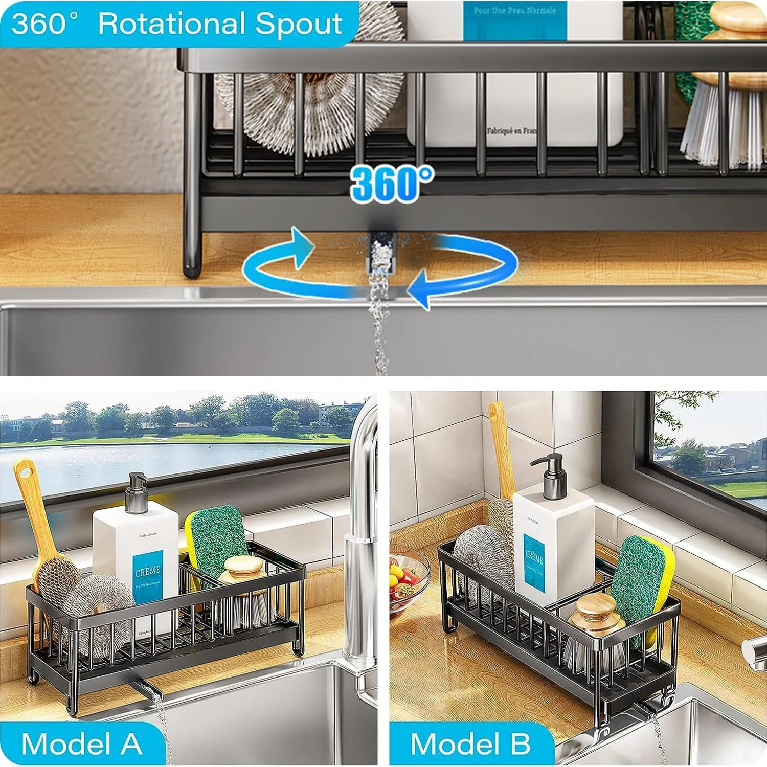 نگهدارنده اسفنج Exrp برای سینک ظرفشویی، سبد سینک ظرفشویی، سازمان دهنده اسفنج ظرفشویی ضد زنگ استیل 304 با جداکننده، نگهدارنده برس پخش کننده مایع ظرفشویی