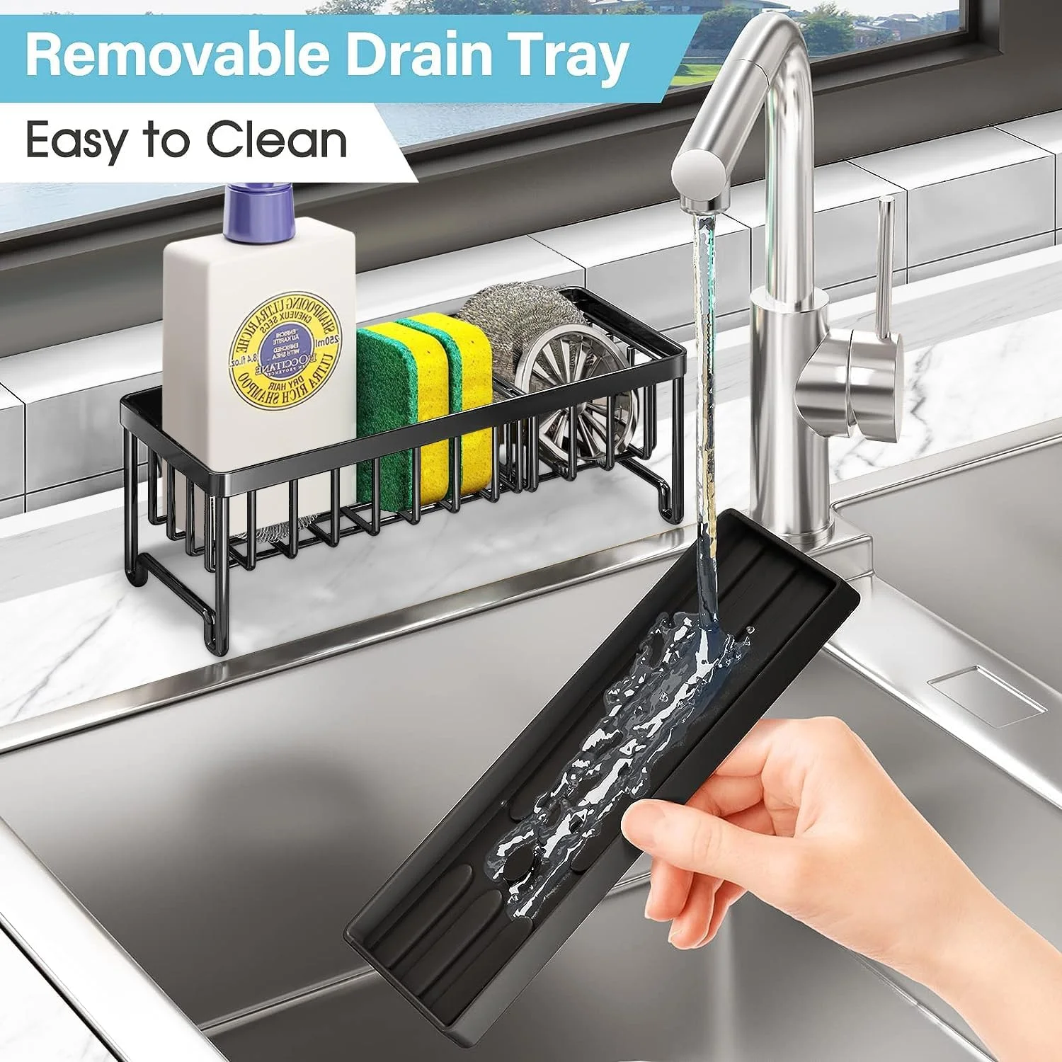 نگهدارنده اسفنج Exrp برای سینک ظرفشویی، سبد سینک ظرفشویی، سازمان دهنده اسفنج ظرفشویی ضد زنگ استیل 304 با جداکننده، نگهدارنده برس پخش کننده مایع ظرفشویی