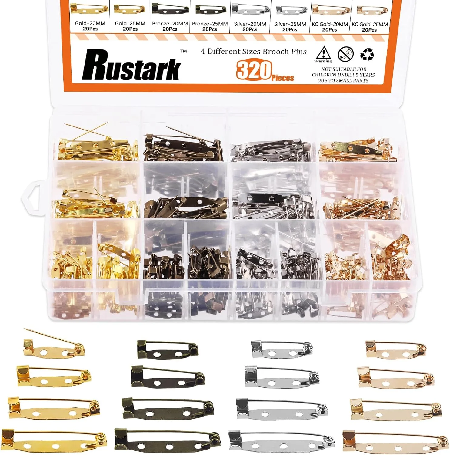 مجموعه 320 عددی قفل پشتی سنجاق سینه Rustark در 4 سایز مختلف، مناسب برای ساخت جواهرات، دوخت و دوز، ساخت اتیکت اسم پارچه ای، گل سینه و صنایع دستی DIY