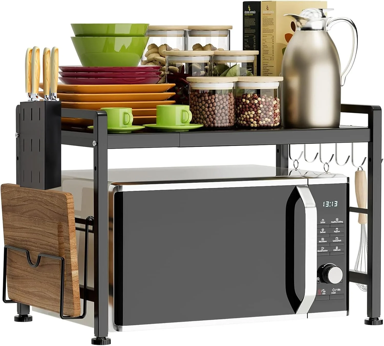 قفسه ذخیره سازی قابل گسترش، قفسه سازمان دهنده رومیزی آشپزخانه تاشو 2 طبقه، پایه مایکروویو با جای تخته برش برای سازماندهی رویه کابینت آشپزخانه، 6 قلاب (مشکی-A) قفسه ذخیره سازی قابل گسترش، قفسه سازمان دهنده رومیزی آشپزخانه تاشو 2 طبقه، پایه مایکروویو با جای تخته برش برای سازماندهی رویه کابینت آشپزخانه، 6 قلاب (مشکی-A)