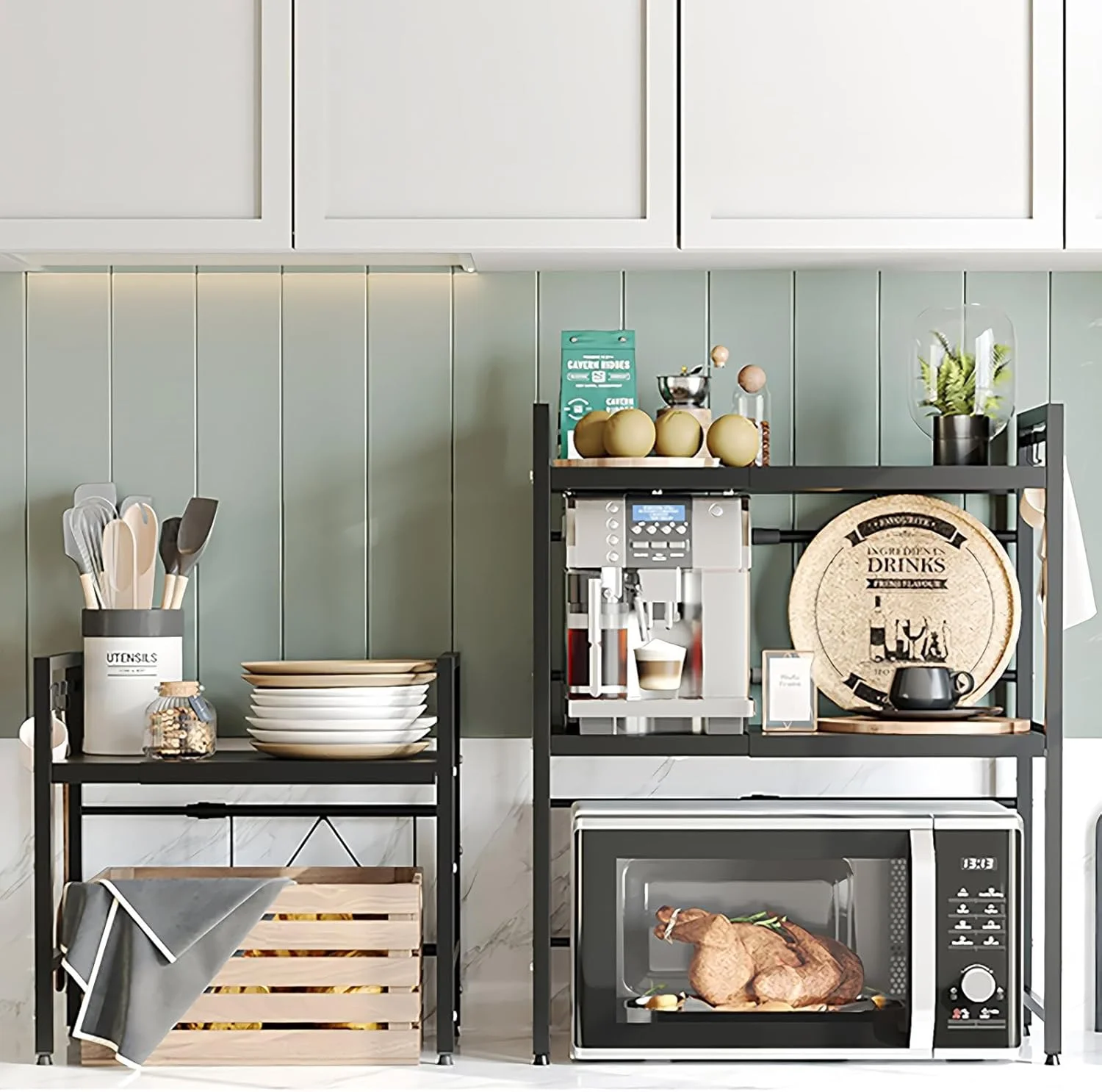 قفسه ذخیره سازی قابل گسترش، قفسه سازمان دهنده رومیزی آشپزخانه تاشو 2 طبقه، پایه مایکروویو با جای تخته برش برای سازماندهی رویه کابینت آشپزخانه، 6 قلاب (مشکی-A) قفسه ذخیره سازی قابل گسترش، قفسه سازمان دهنده رومیزی آشپزخانه تاشو 2 طبقه، پایه مایکروویو با جای تخته برش برای سازماندهی رویه کابینت آشپزخانه، 6 قلاب (مشکی-A)