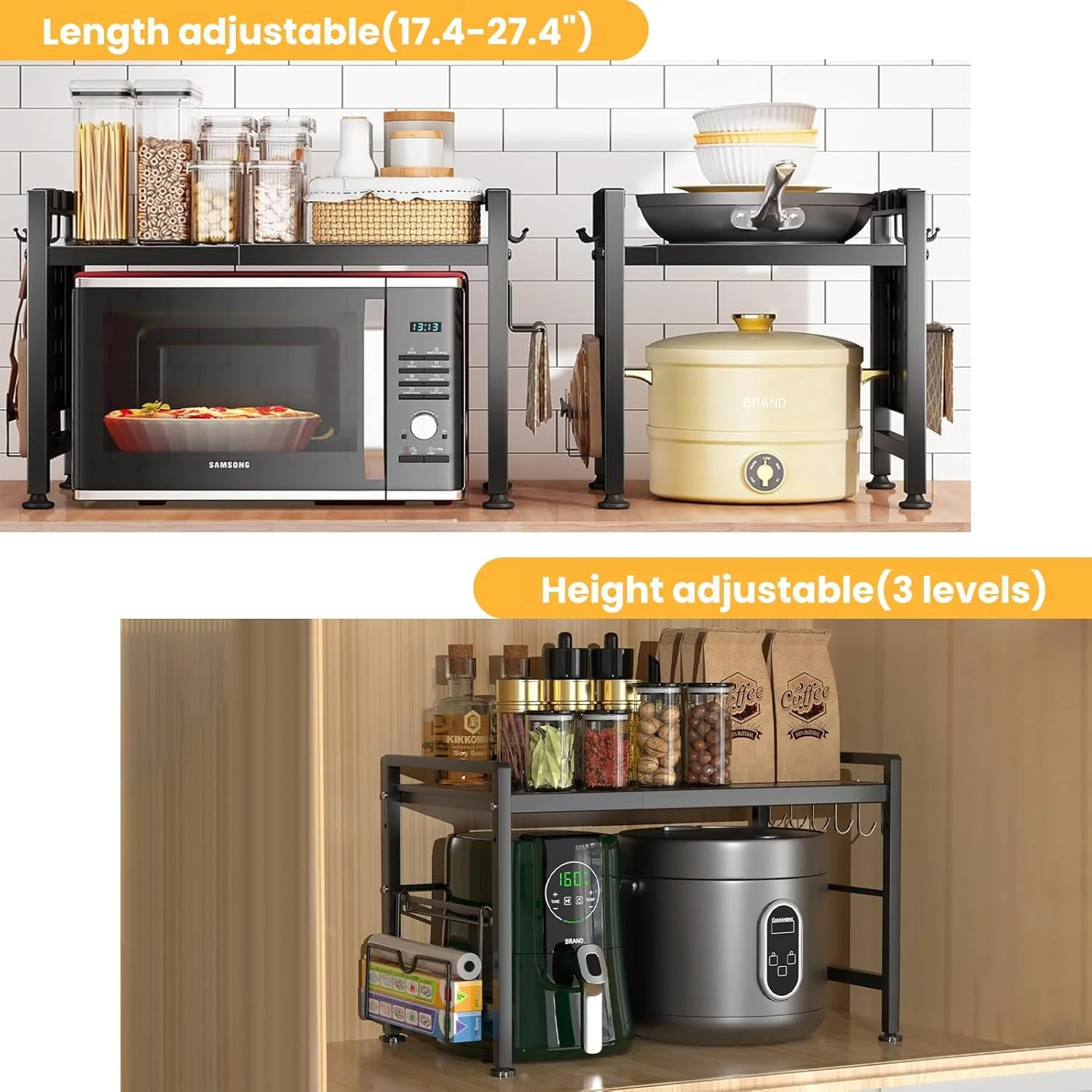 قفسه ذخیره سازی قابل گسترش، قفسه سازمان دهنده رومیزی آشپزخانه تاشو 2 طبقه، پایه مایکروویو با جای تخته برش برای سازماندهی رویه کابینت آشپزخانه، 6 قلاب (مشکی-A) قفسه ذخیره سازی قابل گسترش، قفسه سازمان دهنده رومیزی آشپزخانه تاشو 2 طبقه، پایه مایکروویو با جای تخته برش برای سازماندهی رویه کابینت آشپزخانه، 6 قلاب (مشکی-A)