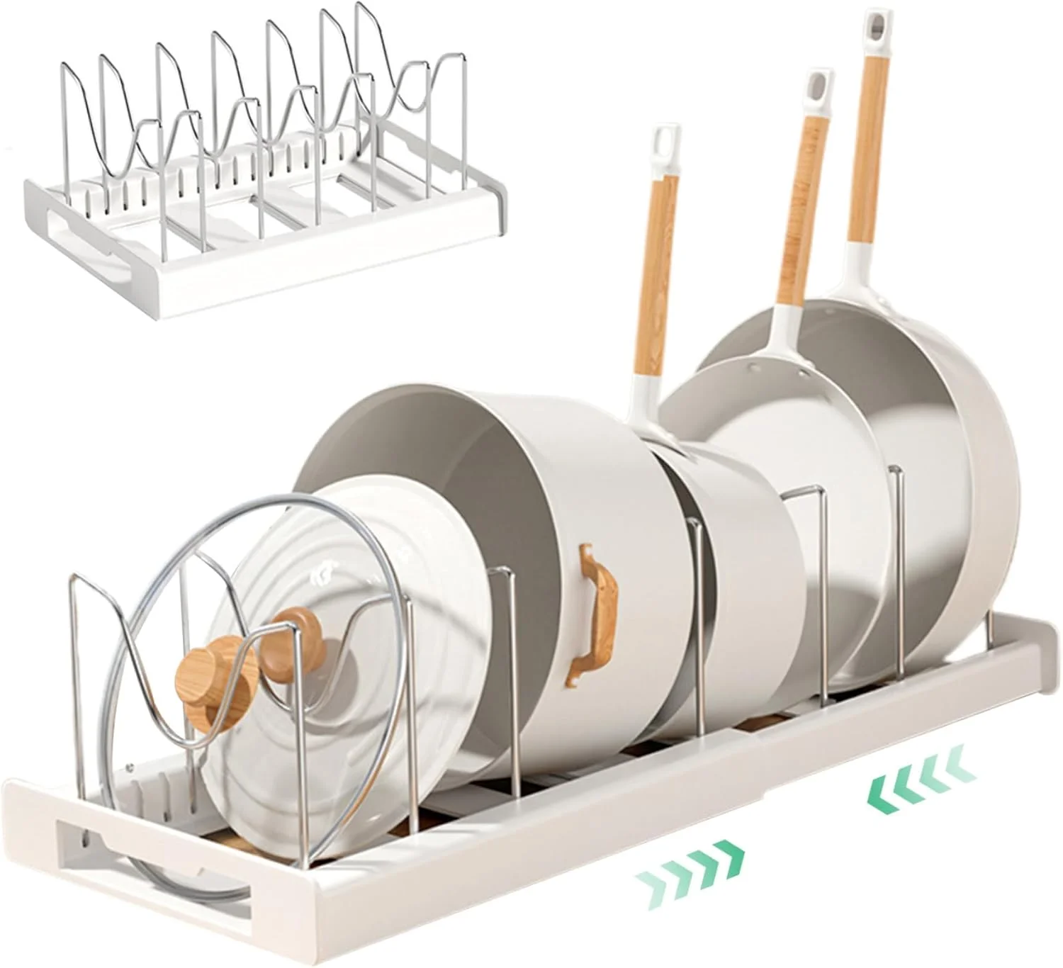 قفسه تابه و قابلمه زیر کابینتی با قابلیت افزایش طول، دارای 7 موقعیت ذخیره سازی DIY، قفسه سازمان دهنده تابه، قفسه کشویی کابینت با طول قابل تنظیم، سازمان دهنده قفسه قابلمه U شکل برای پخت و پز کابینت آشپزخانه (سفید)