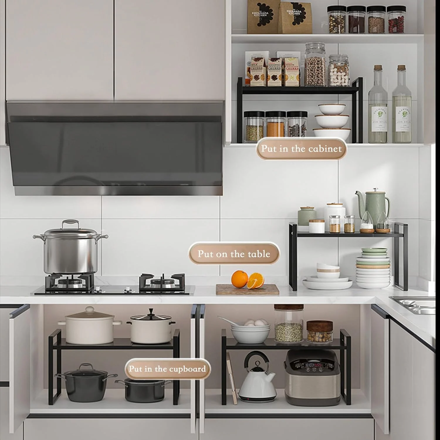 قفسه نظم دهنده و نگهدارنده انبساطی، قفسه های قابل تنظیم کابینت، قفسه نظم دهنده کابینت آشپزخانه انبساطی، قفسه بزرگ ادویه جات، قفسه کوچک ایستاده، مشکی 12 تا 22 اینچ (مشکی)