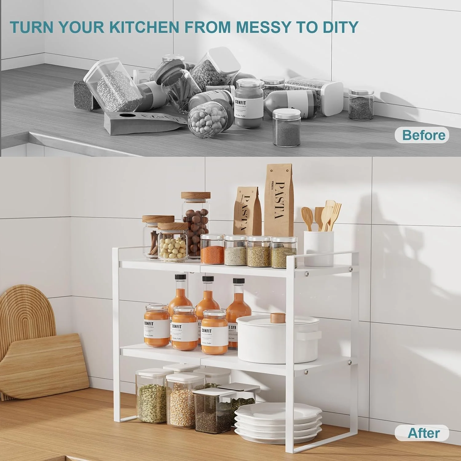 قفسه ارگانایزر رومیزی قابل گسترش U-HOOME، استند کابینت، قفسه ادویه آشپزخانه، قفسه انبار کابینت، سازماندهی و نگهداری برای آشپزخانه حمام (سفید-2 طبقه) قفسه ارگانایزر رومیزی قابل گسترش U-HOOME، استند کابینت، قفسه ادویه آشپزخانه، قفسه انبار کابینت، سازماندهی و نگهداری برای آشپزخانه حمام (سفید-2 طبقه)