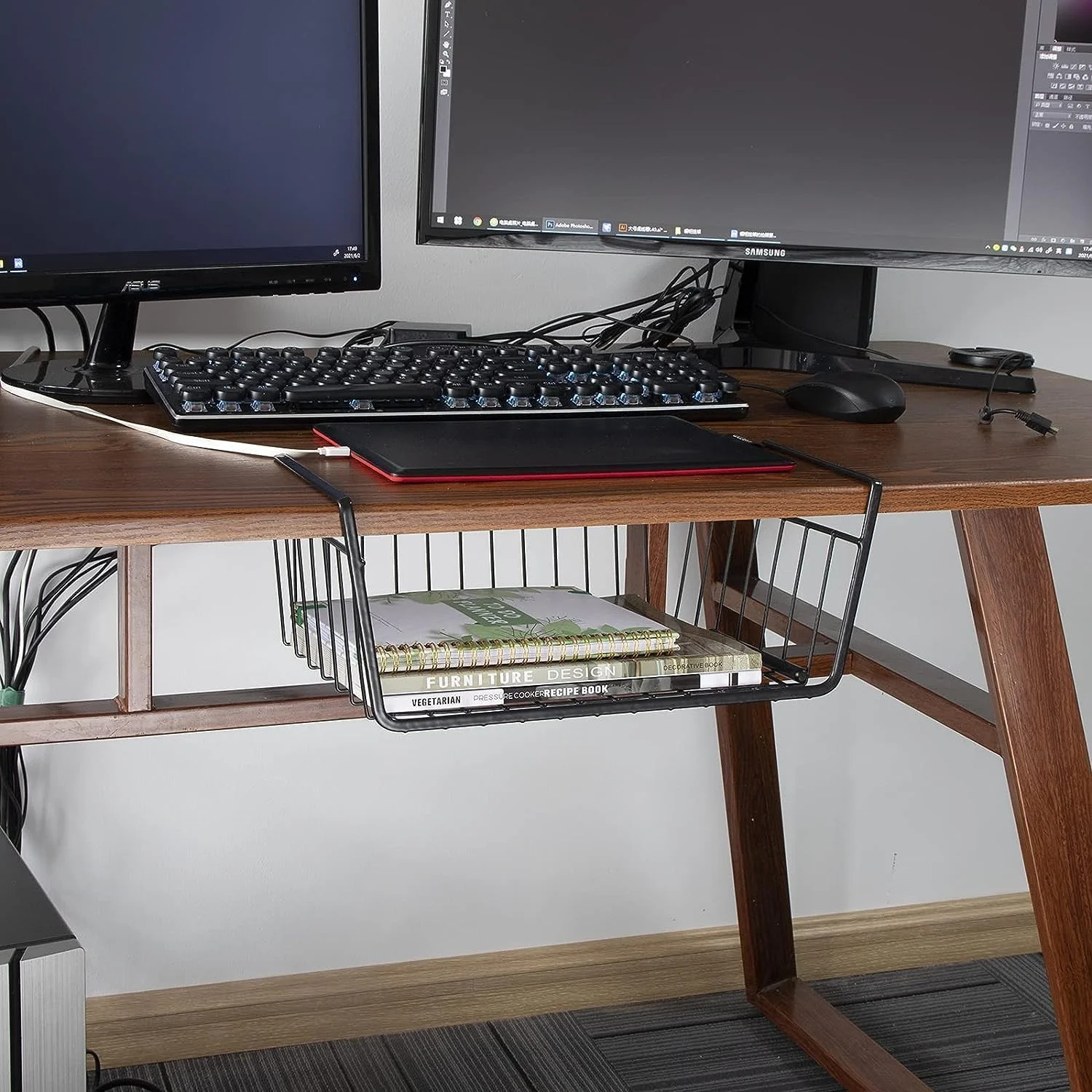 سبد ذخیره سازی زیر قفسه آشپزخانه ECVV، یک عدد، بزرگ، سبک وزن، قفسه فلزی سازمان دهنده 40 X 26 X 14 سانتی متر (مشکی)