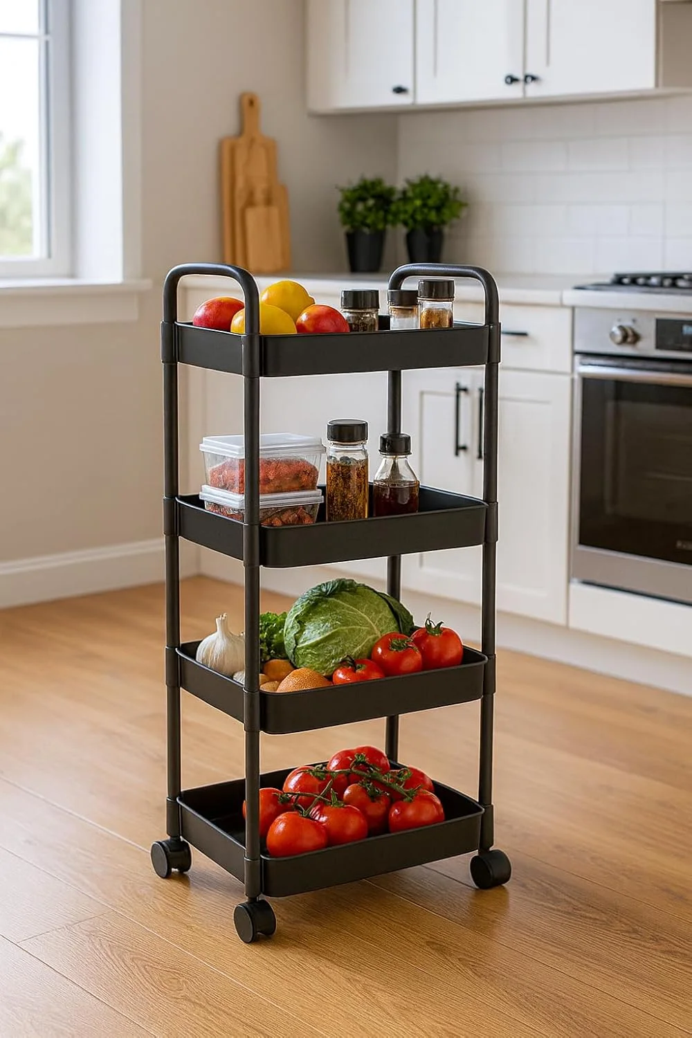 ترولی ذخیره سازی 4 طبقه چند منظوره با چرخ | قفسه سازمان دهنده آشپزخانه و حمام | سبد کاربردی میوه و سبزیجات (مشکی) ترولی ذخیره سازی 4 طبقه چند منظوره با چرخ | قفسه سازمان دهنده آشپزخانه و حمام | سبد کاربردی میوه و سبزیجات (مشکی)