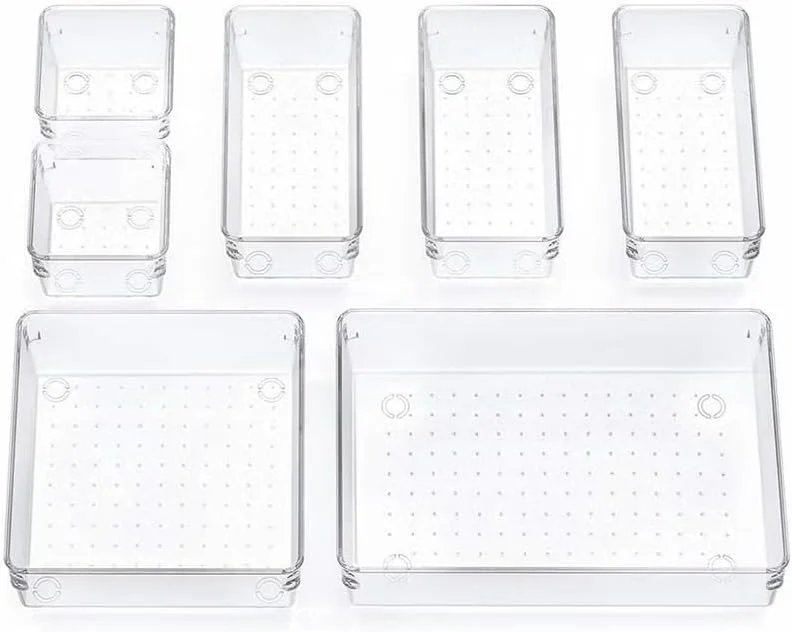 مجموعه ارگنایزرهای کشو پلاستیکی شفاف URbazaar، سینی های ارگنایزر چند منظوره در اندازه های مختلف برای حمام و روشویی، ظروف نگهداری ضد لغزش برای لوازم آرایش، جواهرات، اتاق خواب، لوازم آشپزخانه و دفتر (7 تکه) مجموعه ارگنایزرهای کشو پلاستیکی شفاف URbazaar، سینی های ارگنایزر چند منظوره در اندازه های مختلف برای حمام و روشویی، ظروف نگهداری ضد لغزش برای لوازم آرایش، جواهرات، اتاق خواب، لوازم آشپزخانه و دفتر (7 تکه)