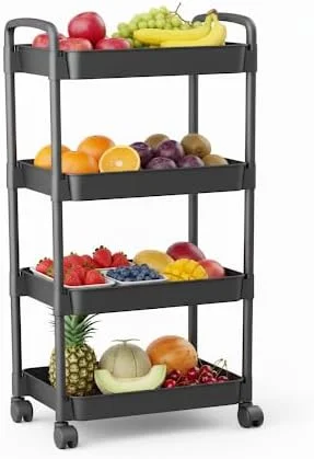 ترولی ذخیره سازی 4 طبقه چند منظوره با چرخ | قفسه سازمان دهنده آشپزخانه و حمام | سبد کاربردی میوه و سبزیجات (مشکی) ترولی ذخیره سازی 4 طبقه چند منظوره با چرخ | قفسه سازمان دهنده آشپزخانه و حمام | سبد کاربردی میوه و سبزیجات (مشکی)