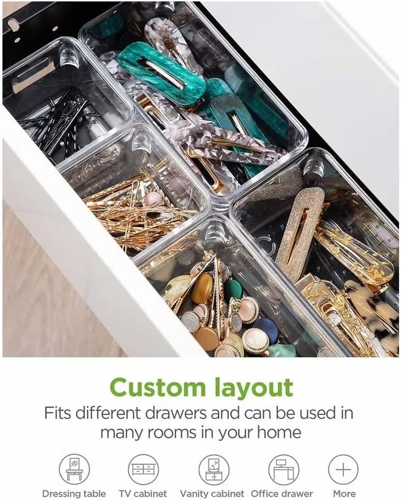 مجموعه ارگنایزرهای کشو پلاستیکی شفاف URbazaar، سینی های ارگنایزر چند منظوره در اندازه های مختلف برای حمام و روشویی، ظروف نگهداری ضد لغزش برای لوازم آرایش، جواهرات، اتاق خواب، لوازم آشپزخانه و دفتر (7 تکه) مجموعه ارگنایزرهای کشو پلاستیکی شفاف URbazaar، سینی های ارگنایزر چند منظوره در اندازه های مختلف برای حمام و روشویی، ظروف نگهداری ضد لغزش برای لوازم آرایش، جواهرات، اتاق خواب، لوازم آشپزخانه و دفتر (7 تکه)