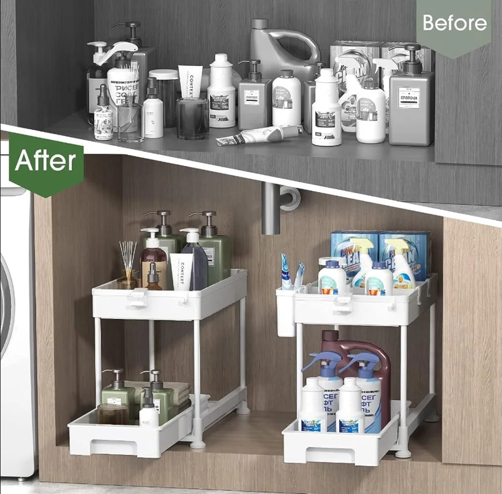 سازمان دهنده و قفسه زیر سینک دو طبقه Didome با ظرفیت بالا و تحمل وزن سنگین، دارای کشوی کشویی چند منظوره برای زیر سینک آشپزخانه و حمام (سفید) سازمان دهنده و قفسه زیر سینک دو طبقه Didome با ظرفیت بالا و تحمل وزن سنگین، دارای کشوی کشویی چند منظوره برای زیر سینک آشپزخانه و حمام (سفید)