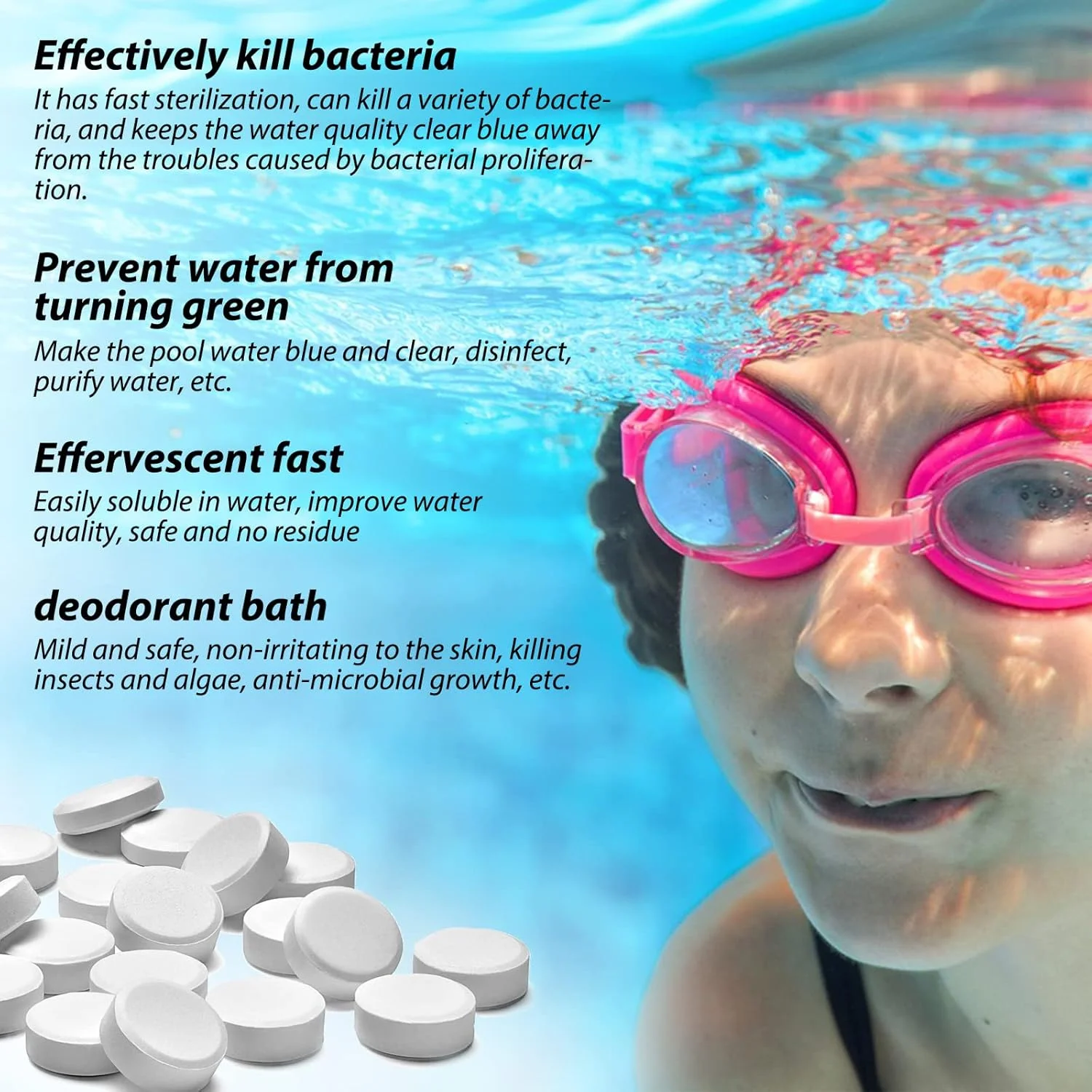 قرص کلر 4 در 1 برای استخر شنا، 100 عدد قرص کلر چند منظوره برای وان آب گرم، قرص های تمیز کننده استخر، شفاف کننده آب، مواد شیمیایی استخر شنا