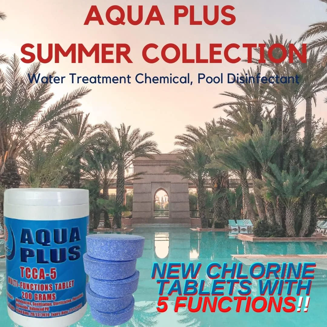 قرص کلر آکوا پلاس 1 کیلوگرمی TCCA-5 چند منظوره به همراه کیت تست شیمیایی آب (برای تست کلر و PH) مناسب برای استخر، وان آب گرم، فواره و ضدعفونی آب اسپا