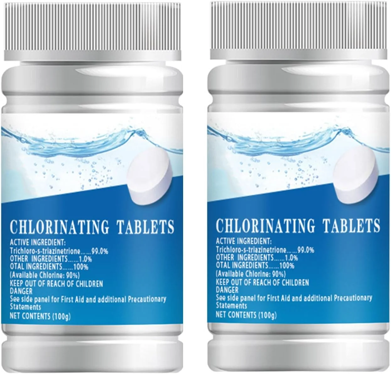 قرص های کلرینه برای ضد عفونی آب، 99% تری کلرو - s - تریازین تریون، 90% کلر موجود، 100 گرم، ضدعفونی کننده آب آشامیدنی و استخر (2 عدد)