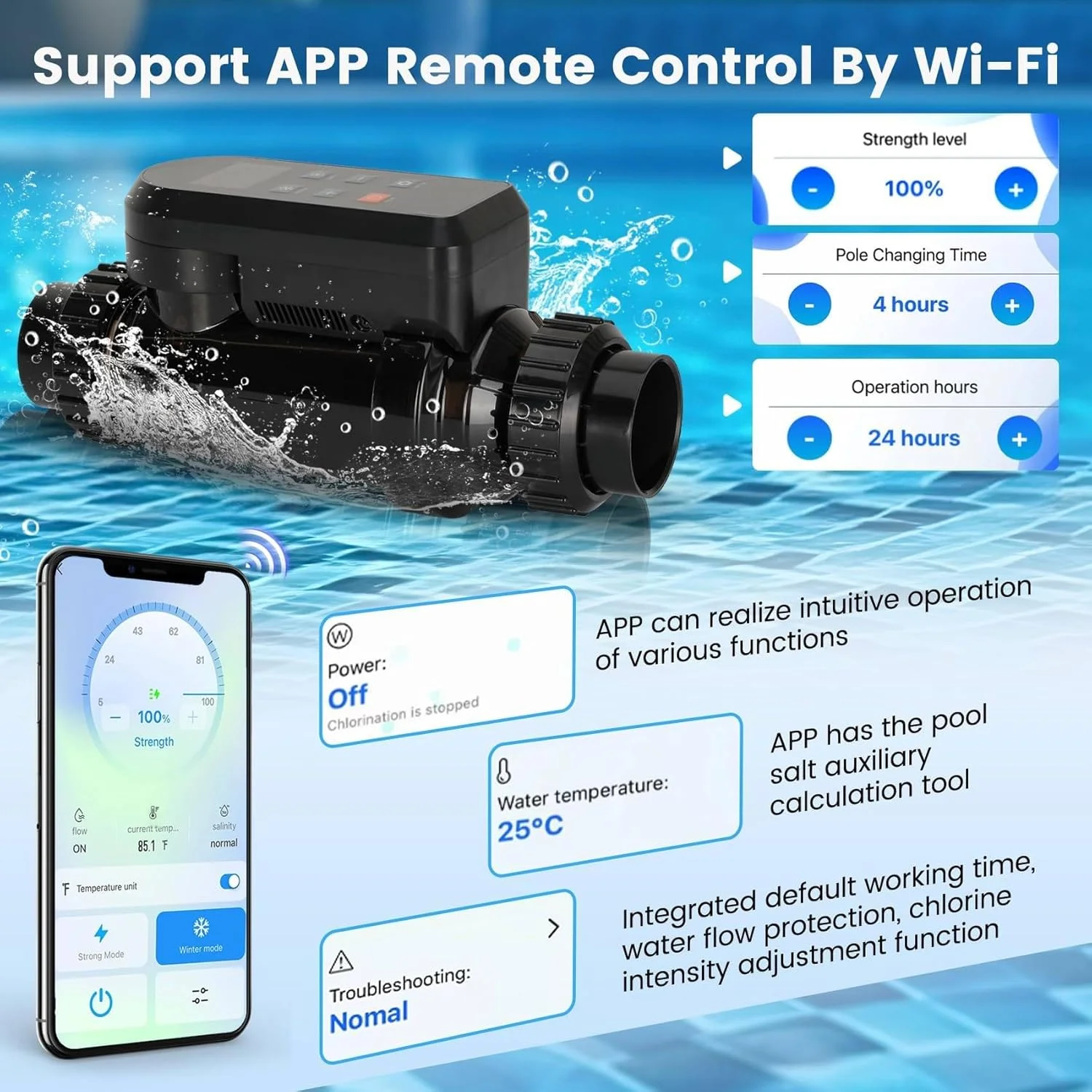 Smart Salt Chlorinator, Salt Chlorine Generator, Salt Water Chlorination System for Swimming Pools, Built-in Wi-Fi & App Remote Control, Salt Water Pool Chlorinator with Smart Digital Panel 40g/h