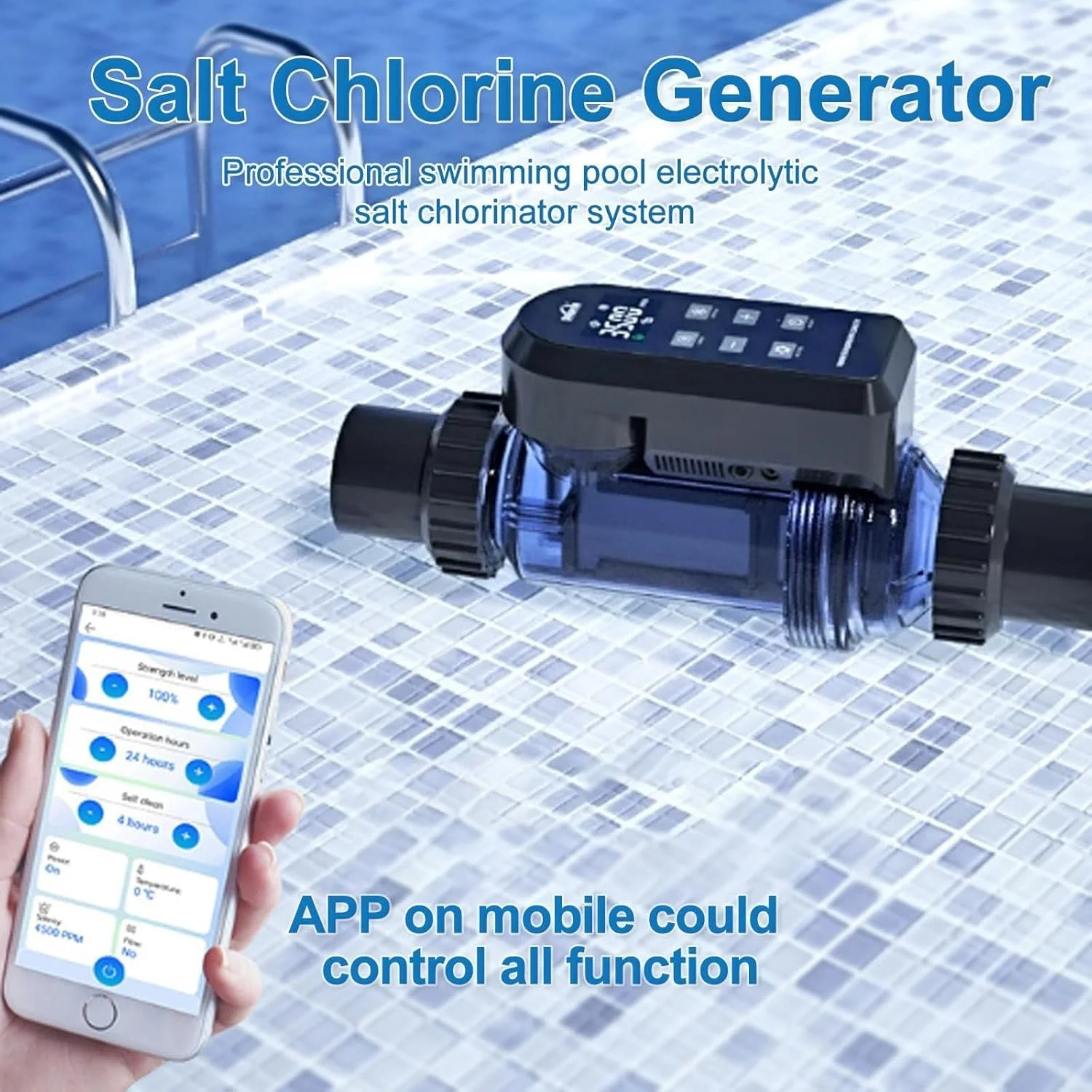 سیستم کلرزنی استخر، ژنراتور کلر استخر نمکی، دارای وای فای داخلی و کنترل از راه دور با برنامه، ژنراتور کلر زنی خود تمیز شونده با پنل دیجیتال (40 گرم در ساعت)