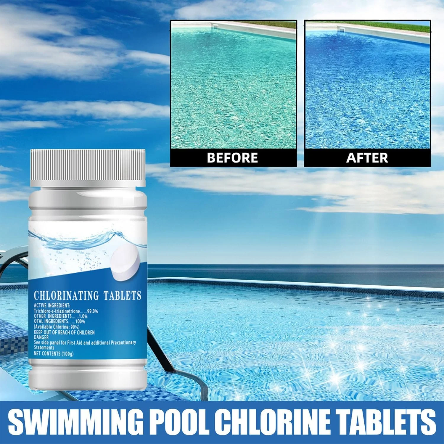 قرص های کلرینه برای ضد عفونی آب، 99% تری کلرو - s - تریازین تریون، 90% کلر موجود، 100 گرم، ضدعفونی کننده آب آشامیدنی و استخر (2 عدد)
