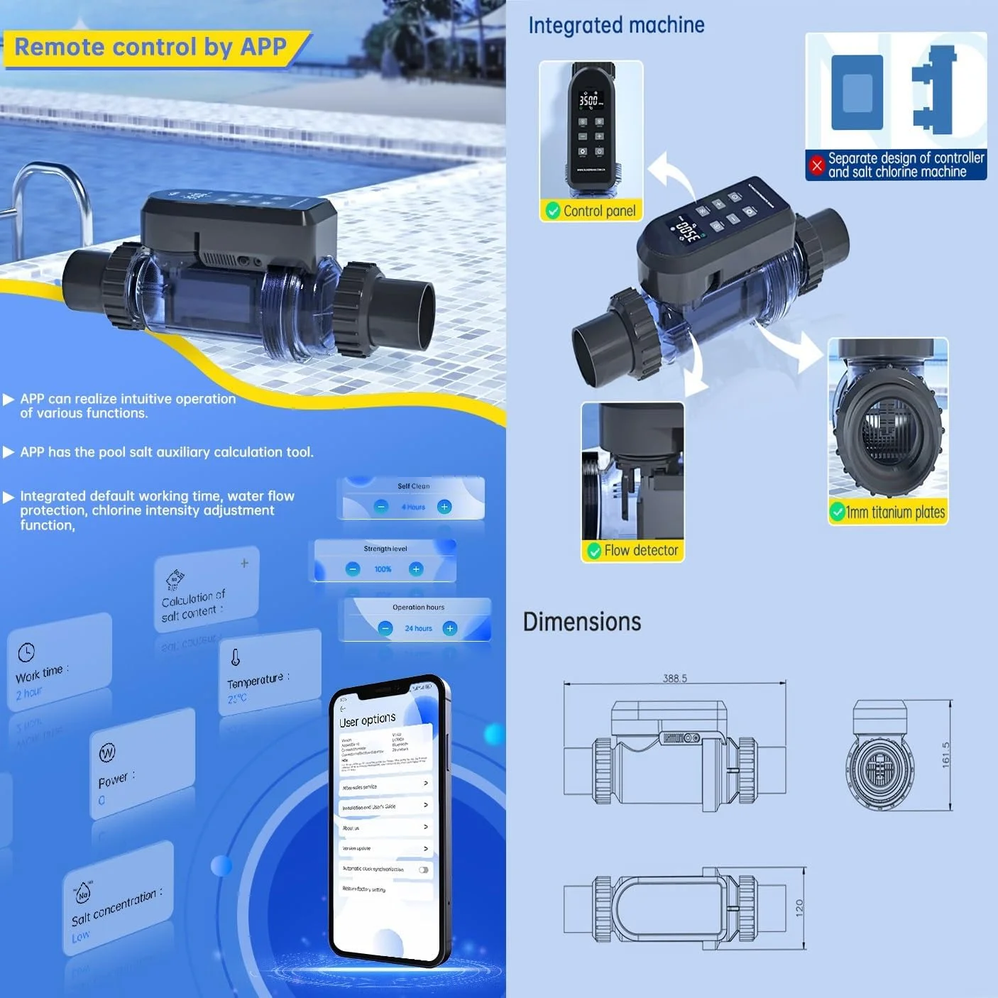 سیستم کلرزنی استخر، ژنراتور کلر استخر نمکی، دارای وای فای داخلی و کنترل از راه دور با برنامه، ژنراتور کلر زنی خود تمیز شونده با پنل دیجیتال (40 گرم در ساعت)