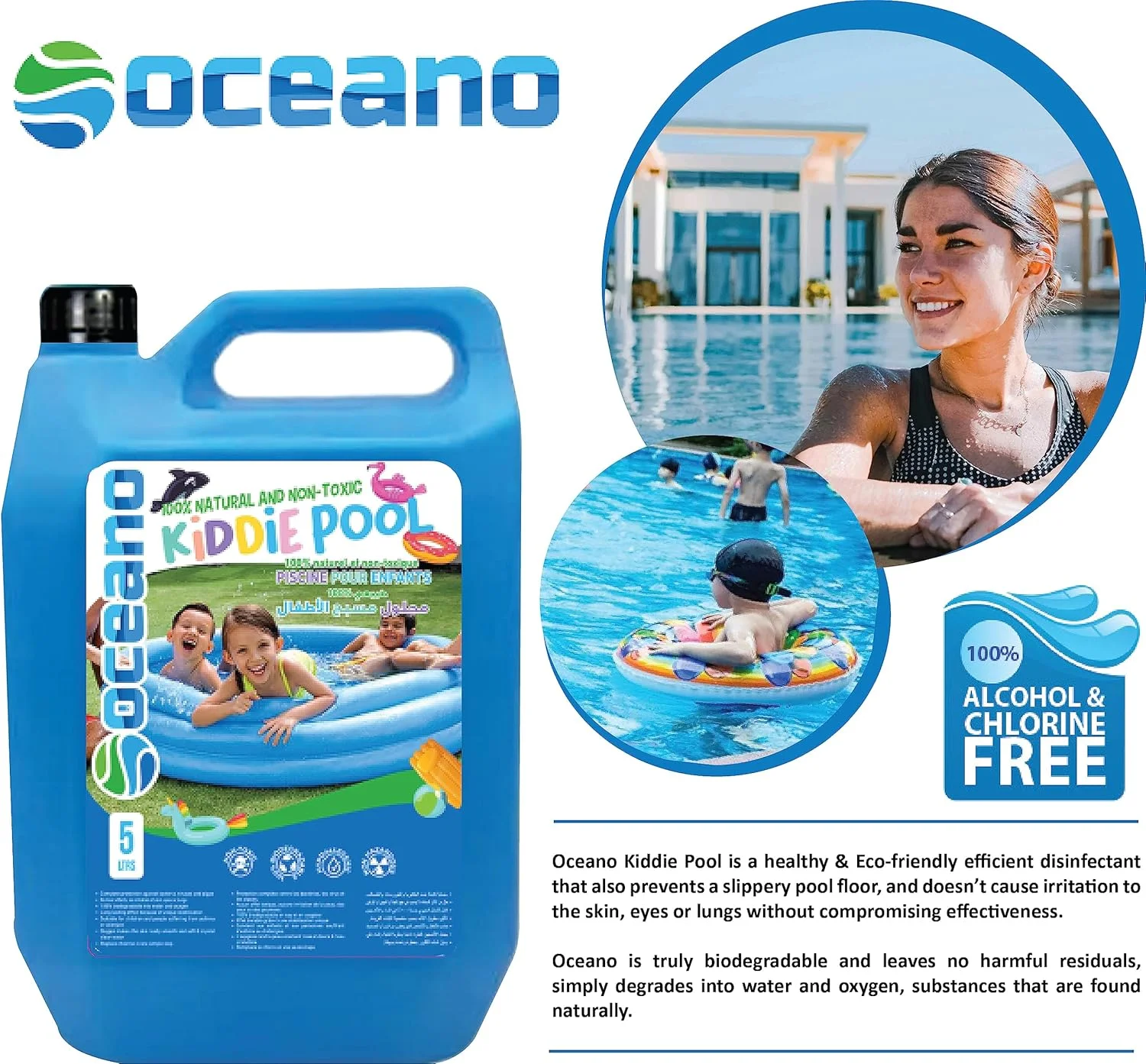 مایع ضدعفونی کننده استخر کودک Bioneat Oceano - حجم 5 لیتر - 100% غیر سمی، ایمن، ضد حساسیت، غیر سوزاننده و زیست تخریب پذیر.
