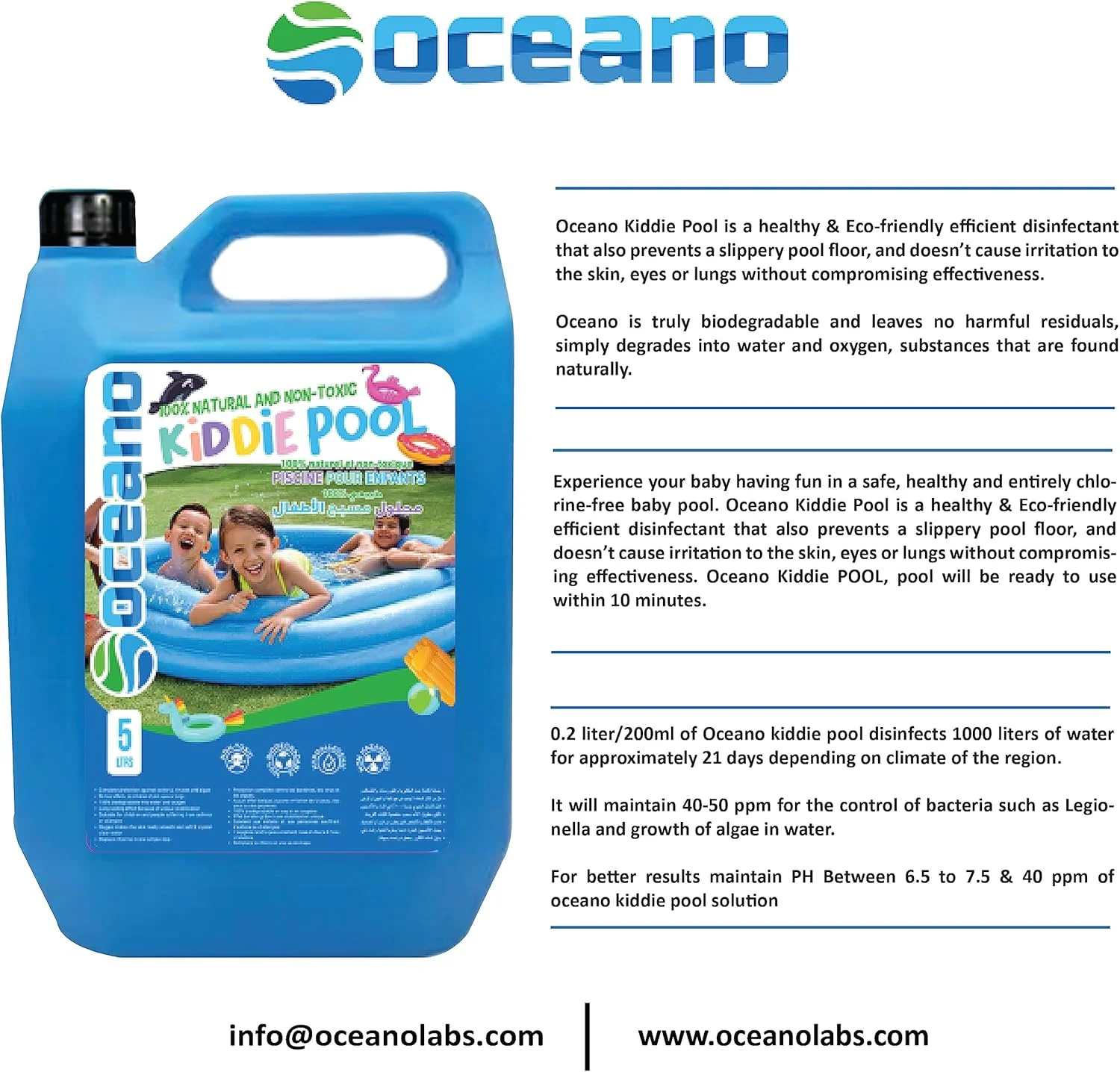 مایع ضدعفونی کننده استخر کودک Bioneat Oceano - حجم 5 لیتر - 100% غیر سمی، ایمن، ضد حساسیت، غیر سوزاننده و زیست تخریب پذیر.