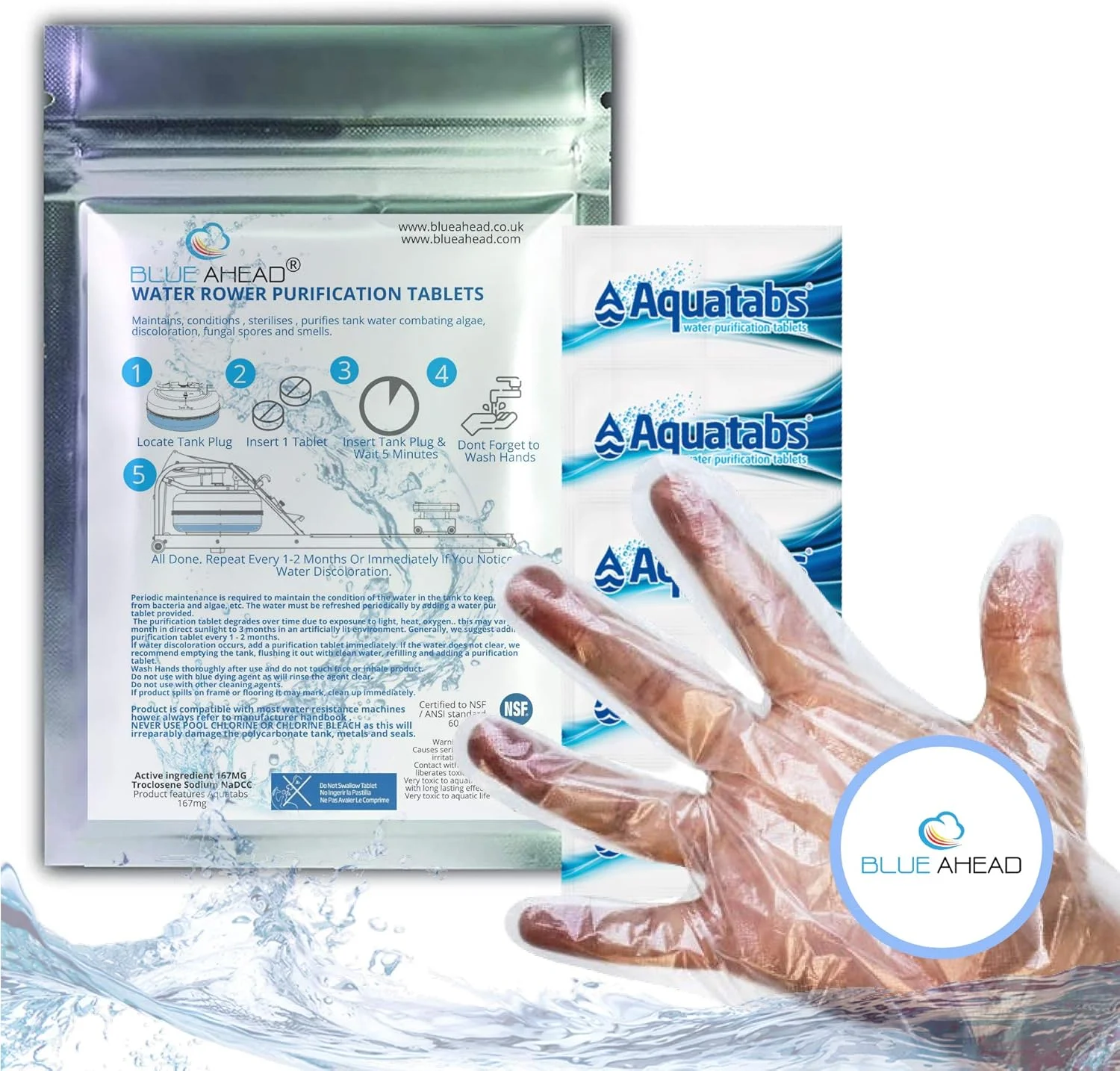 قرص های استریل کننده کلر BLUE AHEAD® Puritabs برای دستگاه روئینگ Waterrower، تصفیه آب در برابر جلبک، نگهداری و تصفیه تانک