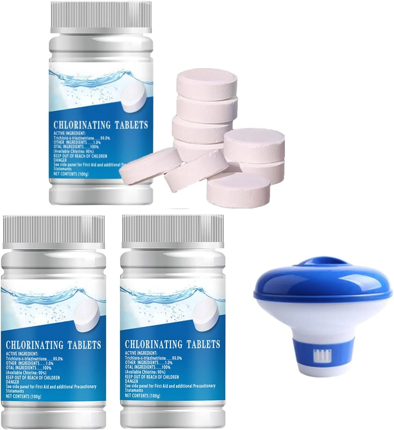قرص کلر 3 عددی (هر کدام 100 گرم) با 99% تری کلرو - s - تریازینتریون برای ضد عفونی آب استخر و اسپا، همراه با یک شناور پخش کننده آبی و سفید