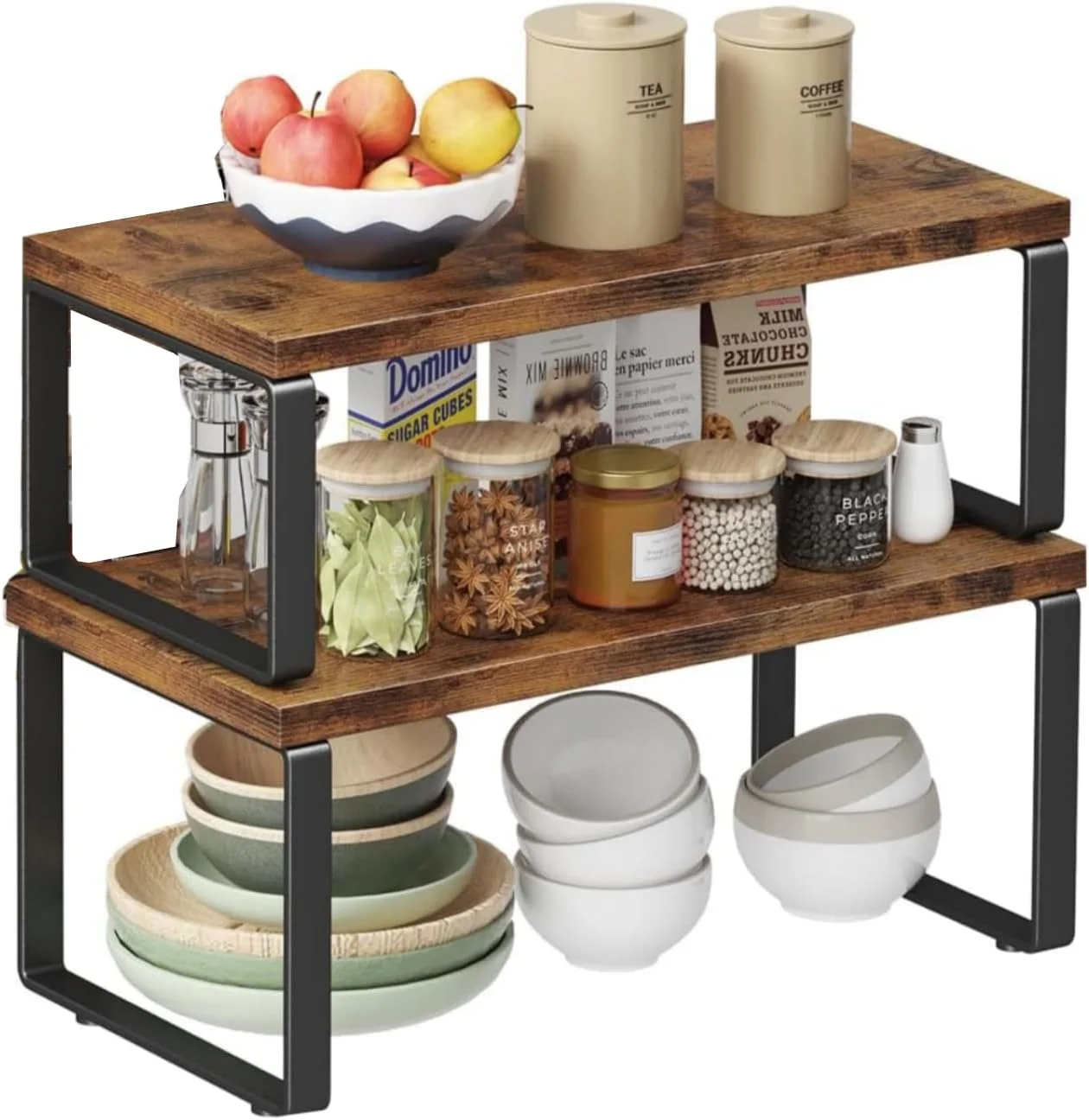 سازمان دهنده پیشخوان آشپزخانه، قفسه کابینت و نگهداری وسایل آشپزخانه، قفسه ادویه جات قابل گسترش و چیده شدن، سازمان دهنده انبار آشپزخانه و پیشخوان حمام (قهوه ای)