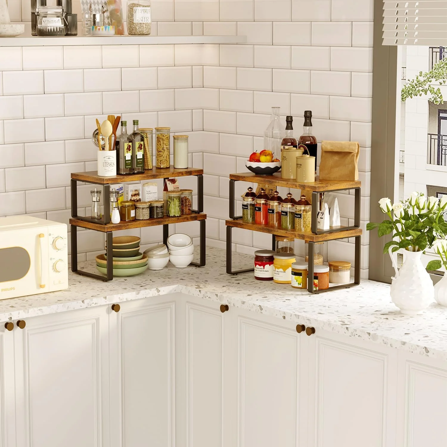 سازمان دهنده پیشخوان آشپزخانه، قفسه کابینت و نگهداری وسایل آشپزخانه، قفسه ادویه جات قابل گسترش و چیده شدن، سازمان دهنده انبار آشپزخانه و پیشخوان حمام (قهوه ای)