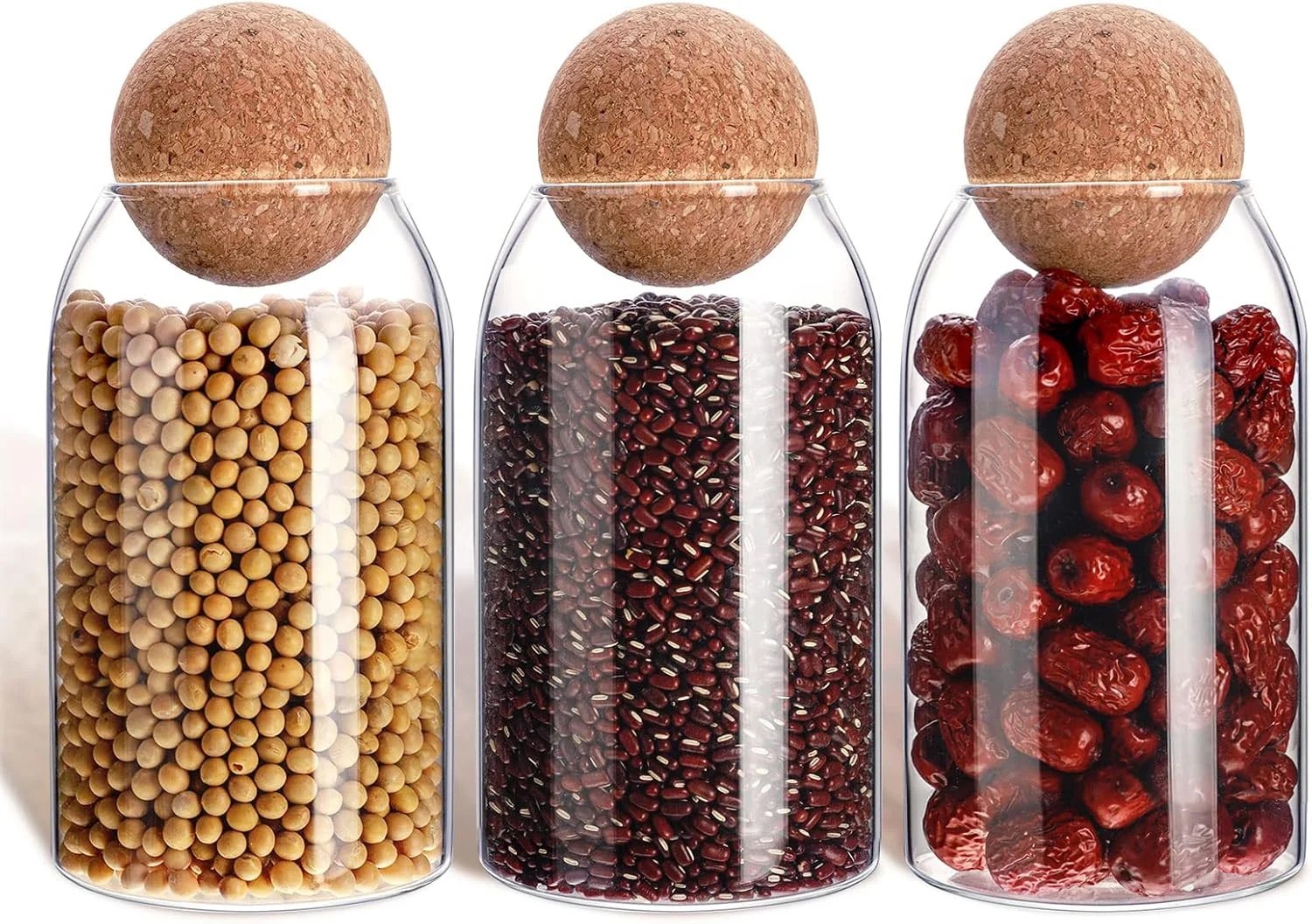 ست 3 عددی ظروف شیشه ای درب چوب پنبه ای، بطری های تزئینی گرد، ظروف درب دار مناسب نگهداری مواد غذایی، دانه های قهوه، شکلات، بیسکویت و ادویه (800 میلی لیتر) ست 3 عددی ظروف شیشه ای درب چوب پنبه ای، بطری های تزئینی گرد، ظروف درب دار مناسب نگهداری مواد غذایی، دانه های قهوه، شکلات، بیسکویت و ادویه (800 میلی لیتر)