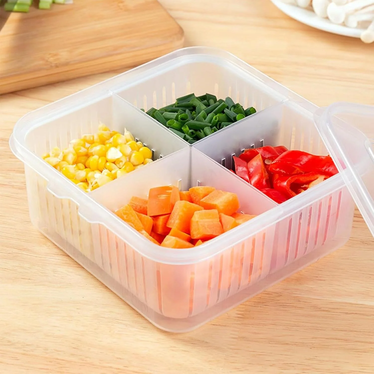 جعبه نگهداری مواد غذایی، جعبه و ظرف نگهداری در یخچال، سازمان دهنده نگهداری پیاز، زنجبیل و سیر با قابلیت تخلیه آب، جعبه نگهداری درب دار برای حفظ تازگی (چهار محفظه) جعبه نگهداری مواد غذایی، جعبه و ظرف نگهداری در یخچال، سازمان دهنده نگهداری پیاز، زنجبیل و سیر با قابلیت تخلیه آب، جعبه نگهداری درب دار برای حفظ تازگی (چهار محفظه)