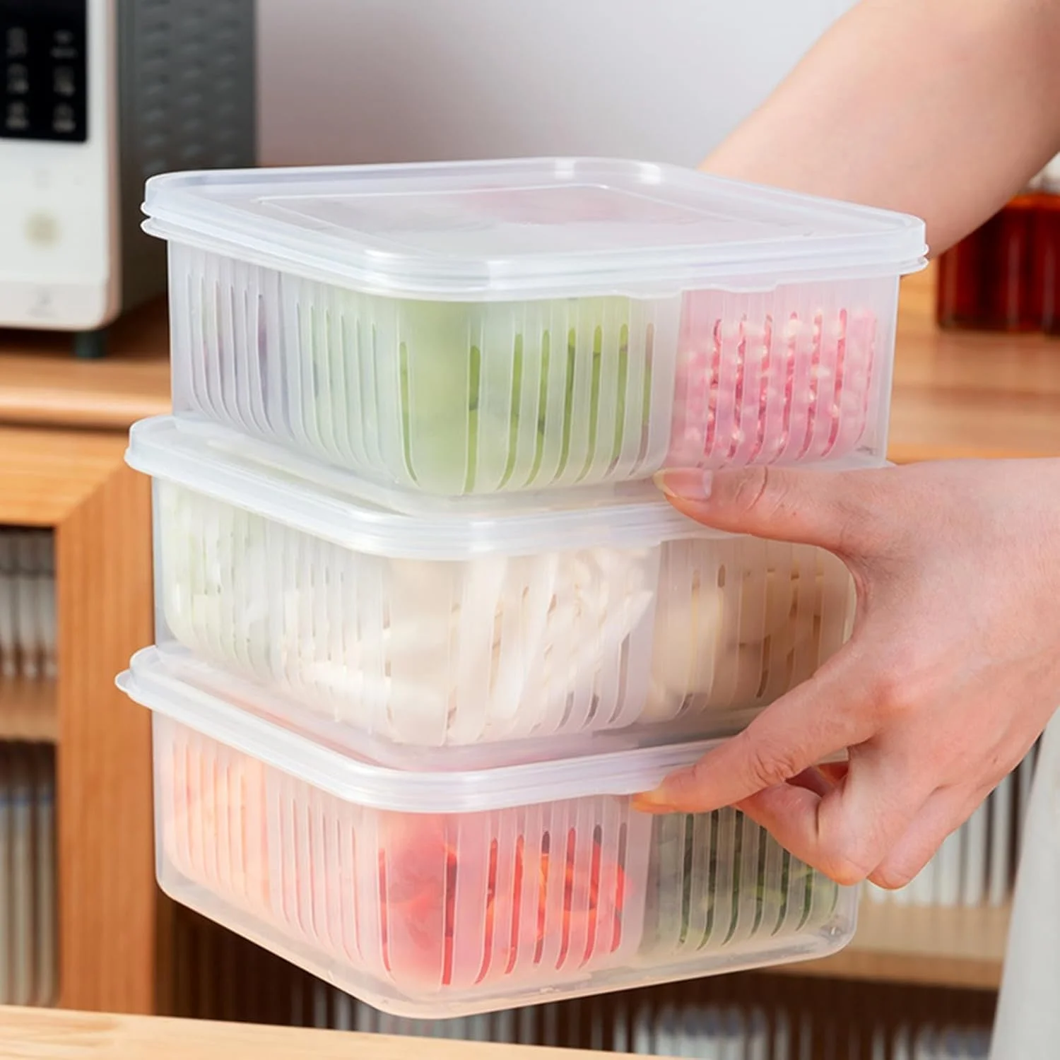 جعبه نگهداری مواد غذایی، جعبه و ظرف نگهداری در یخچال، سازمان دهنده نگهداری پیاز، زنجبیل و سیر با قابلیت تخلیه آب، جعبه نگهداری درب دار برای حفظ تازگی (چهار محفظه) جعبه نگهداری مواد غذایی، جعبه و ظرف نگهداری در یخچال، سازمان دهنده نگهداری پیاز، زنجبیل و سیر با قابلیت تخلیه آب، جعبه نگهداری درب دار برای حفظ تازگی (چهار محفظه)