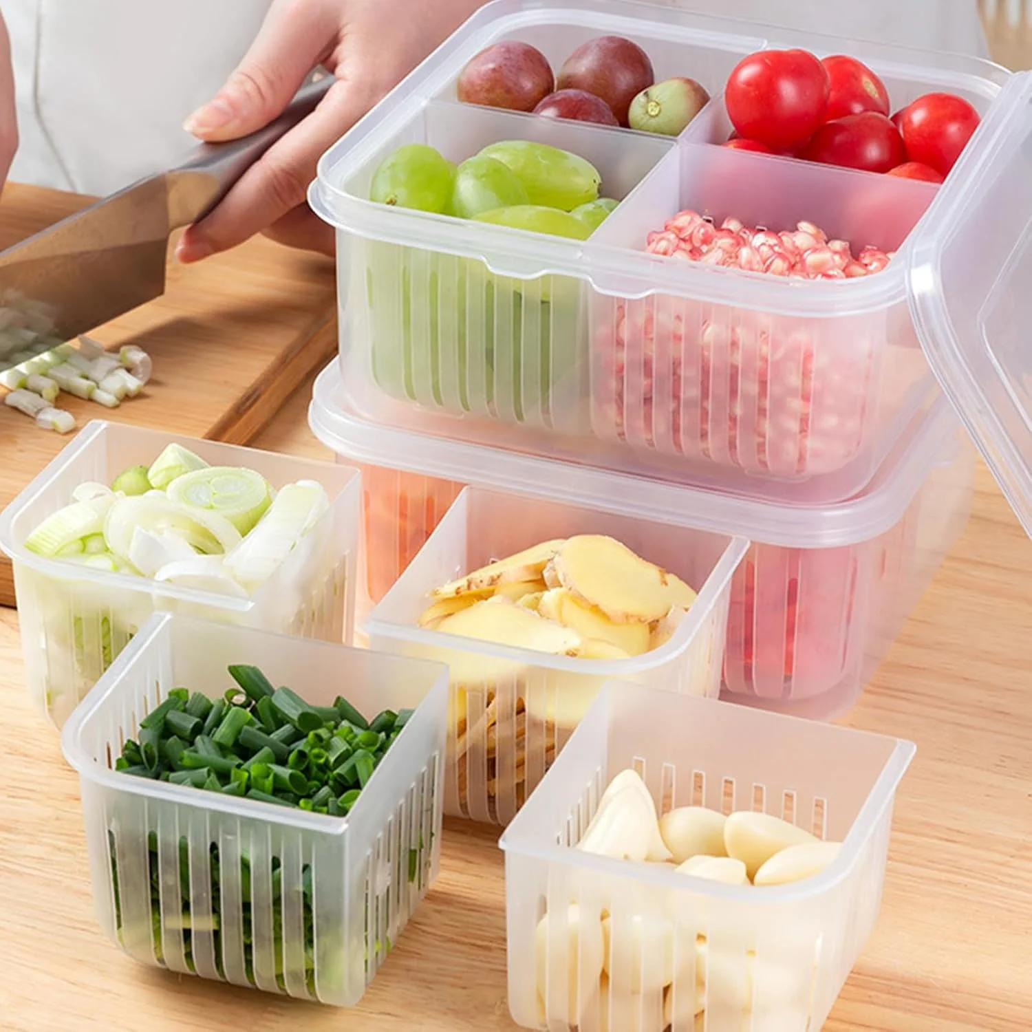 جعبه نگهداری مواد غذایی، جعبه و ظرف نگهداری در یخچال، سازمان دهنده نگهداری پیاز، زنجبیل و سیر با قابلیت تخلیه آب، جعبه نگهداری درب دار برای حفظ تازگی (چهار محفظه) جعبه نگهداری مواد غذایی، جعبه و ظرف نگهداری در یخچال، سازمان دهنده نگهداری پیاز، زنجبیل و سیر با قابلیت تخلیه آب، جعبه نگهداری درب دار برای حفظ تازگی (چهار محفظه)