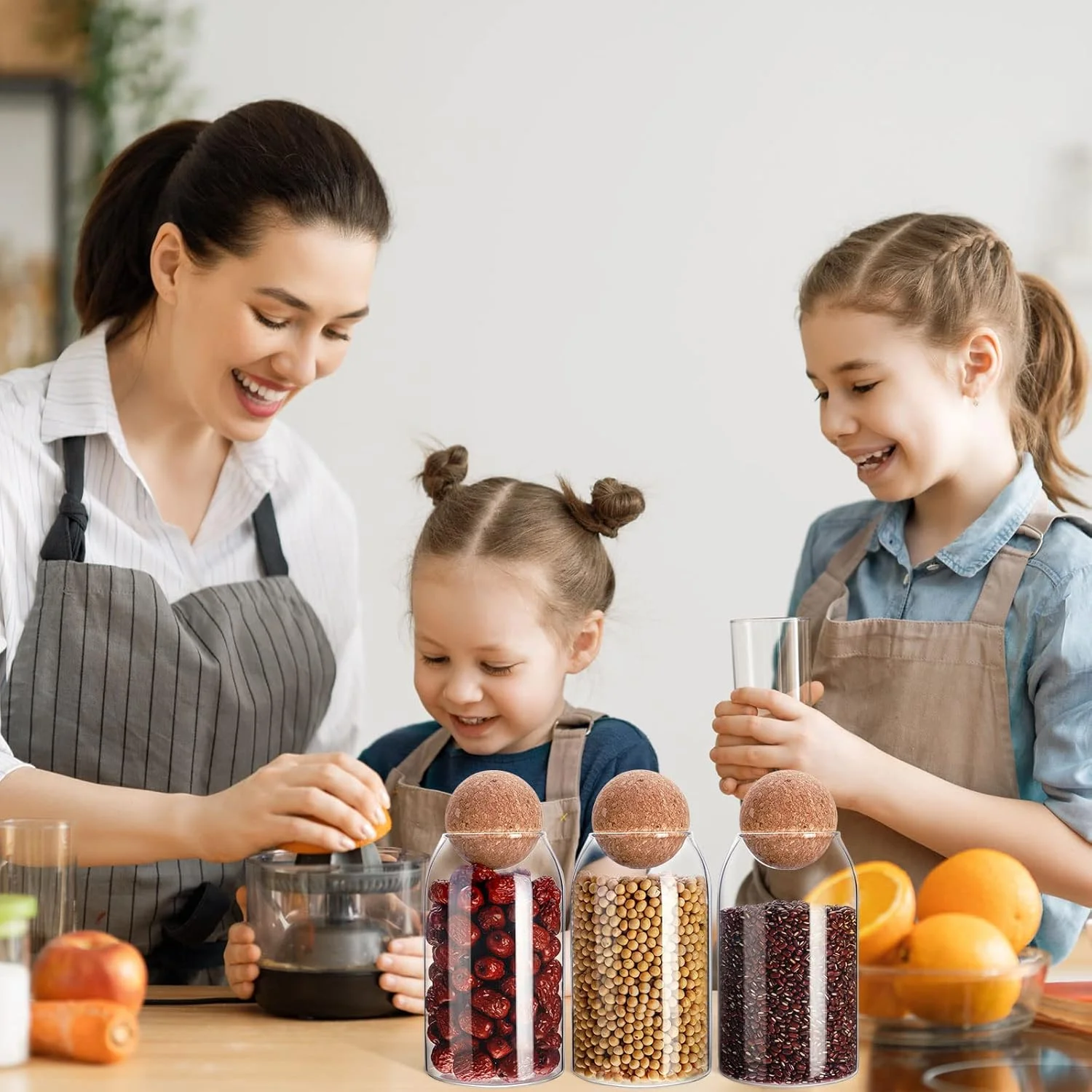 ست 3 عددی ظروف شیشه ای درب چوب پنبه ای، بطری های تزئینی گرد، ظروف درب دار مناسب نگهداری مواد غذایی، دانه های قهوه، شکلات، بیسکویت و ادویه (800 میلی لیتر) ست 3 عددی ظروف شیشه ای درب چوب پنبه ای، بطری های تزئینی گرد، ظروف درب دار مناسب نگهداری مواد غذایی، دانه های قهوه، شکلات، بیسکویت و ادویه (800 میلی لیتر)