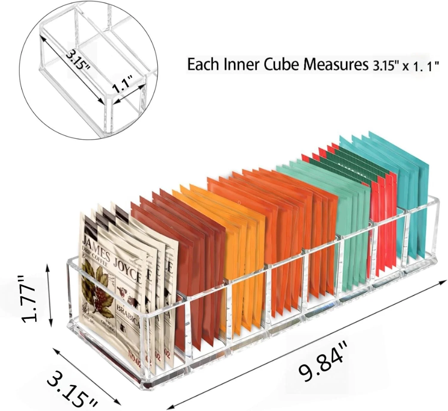 جا چای کیسه ای اکرلیک شفاف - نگهدارنده پاکت چای صرفه جویی در فضا برای کابینت آشپزخانه، انبار، کشوها و پیشخوان، جعبه ذخیره سازی بادوام برای چای کیسه ای، پد قهوه و ساشه، 1 عدد