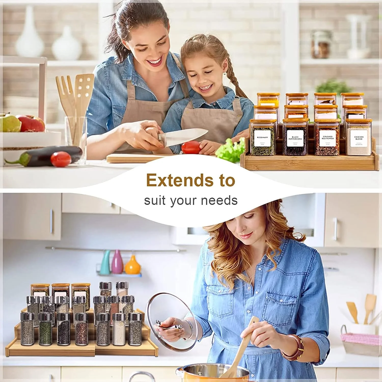 CooToly Spice Rack Kitchen Cabinet Organizer- 3 Tier Bamboo Expandable Display Shelf(M) CooToly Spice Rack Kitchen Cabinet Organizer- 3 Tier Bamboo Expandable Display Shelf(M)