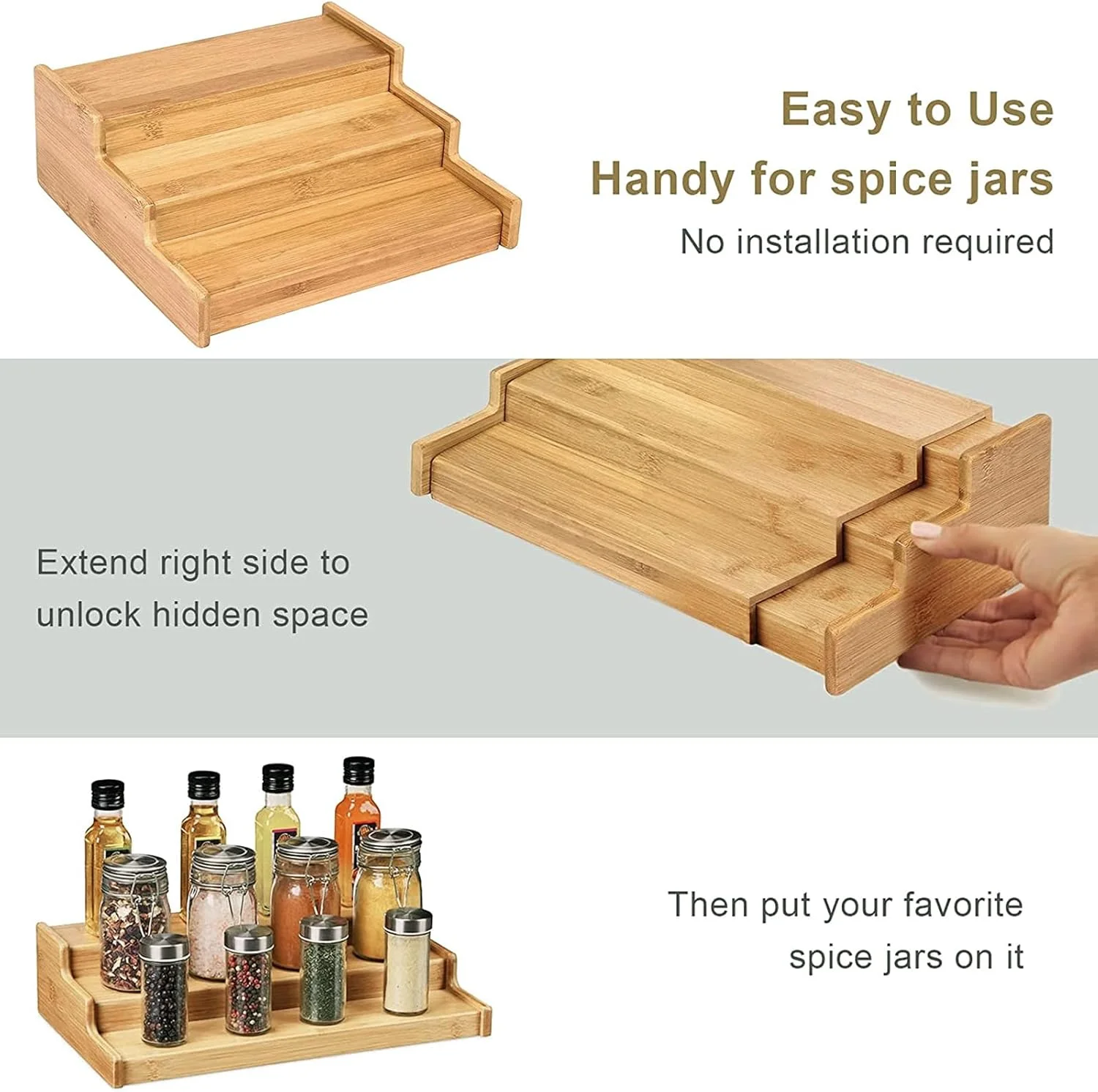 CooToly Spice Rack Kitchen Cabinet Organizer- 3 Tier Bamboo Expandable Display Shelf(M) CooToly Spice Rack Kitchen Cabinet Organizer- 3 Tier Bamboo Expandable Display Shelf(M)
