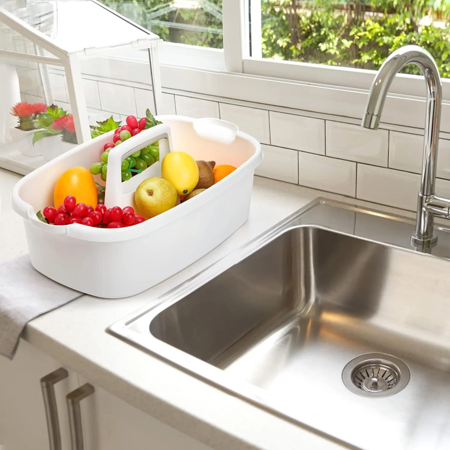 سبد نظم دهنده لوازم نظافت، سبد پلاستیکی بزرگ با دسته، محفظه نگهداری محصولات نظافت منزل برای حمام، آشپزخانه، زیر سینک، نظم دهنده ابزار