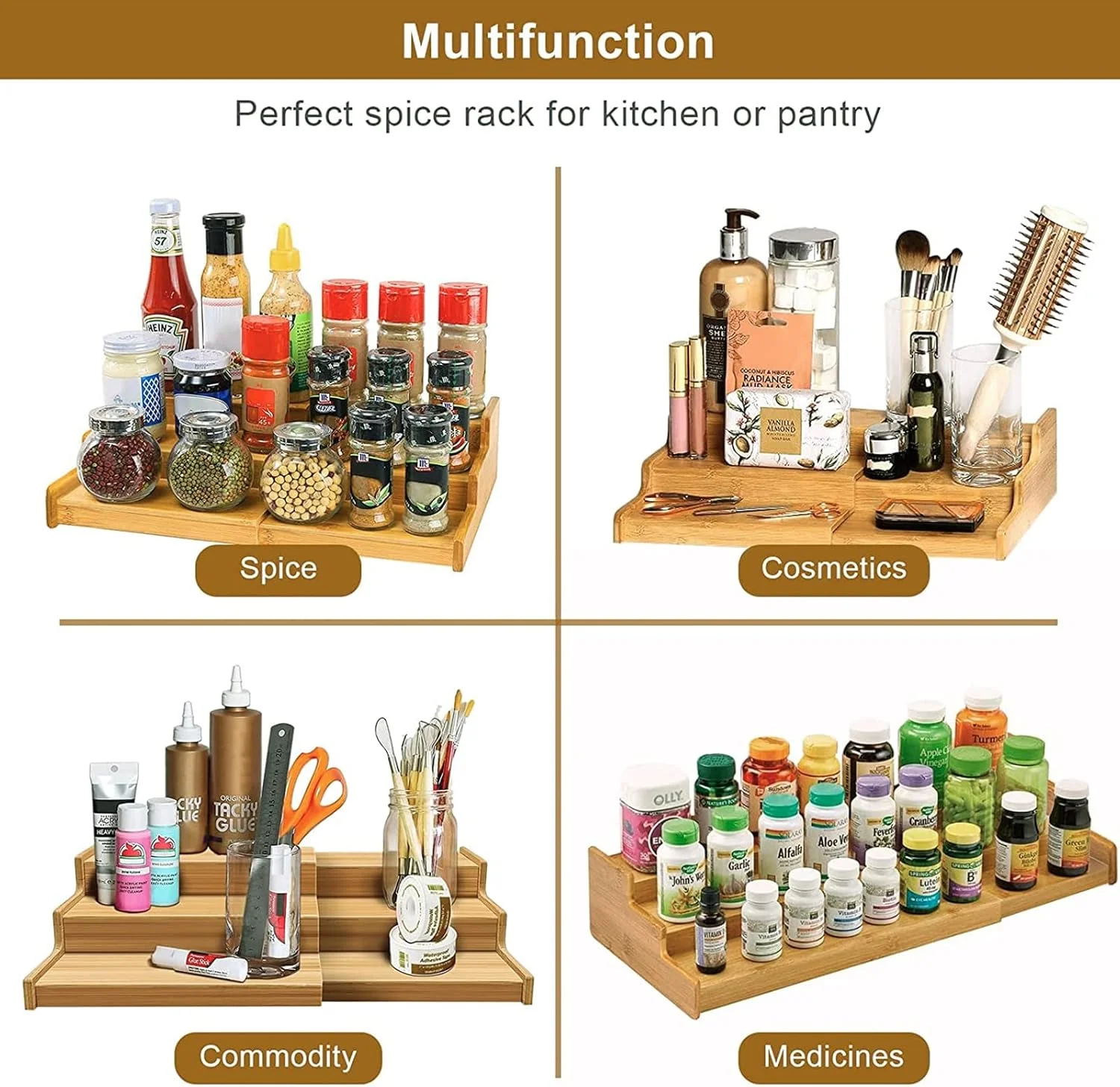 CooToly Spice Rack Kitchen Cabinet Organizer- 3 Tier Bamboo Expandable Display Shelf(M) CooToly Spice Rack Kitchen Cabinet Organizer- 3 Tier Bamboo Expandable Display Shelf(M)