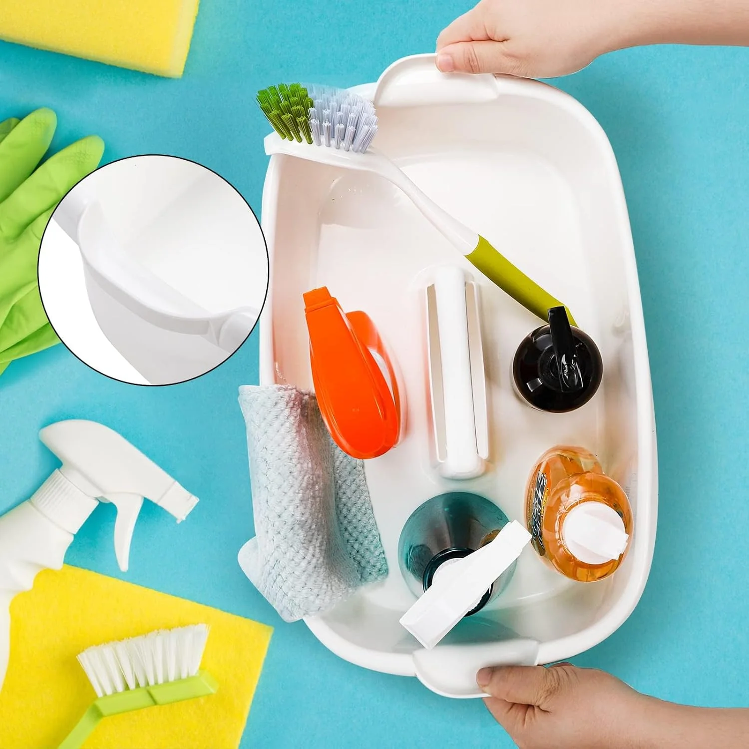 سبد نظم دهنده لوازم نظافت، سبد پلاستیکی بزرگ با دسته، محفظه نگهداری محصولات نظافت منزل برای حمام، آشپزخانه، زیر سینک، نظم دهنده ابزار