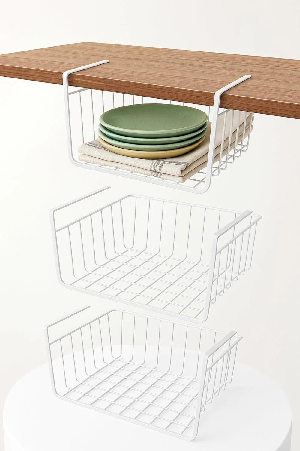 قفسه نظم دهنده زیر کابینتی 2 تکه، سبدهای آویز توری فلزی برای انبار آشپزخانه، سفید قفسه نظم دهنده زیر کابینتی 2 تکه، سبدهای آویز توری فلزی برای انبار آشپزخانه، سفید