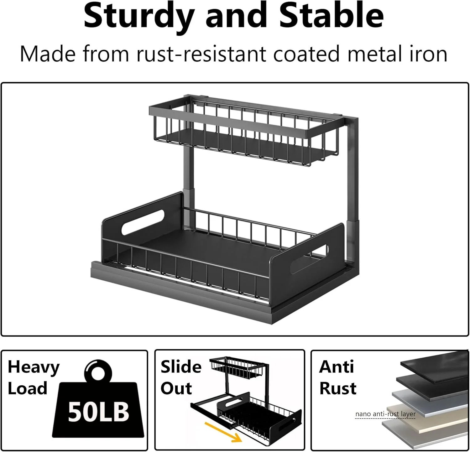 ارگانایزر و نظم دهنده زیر سینک Ceetug، دو طبقه، کشویی، فلزی مقاوم، مناسب کابینت آشپزخانه و حمام، مشکی ارگانایزر و نظم دهنده زیر سینک Ceetug، دو طبقه، کشویی، فلزی مقاوم، مناسب کابینت آشپزخانه و حمام، مشکی