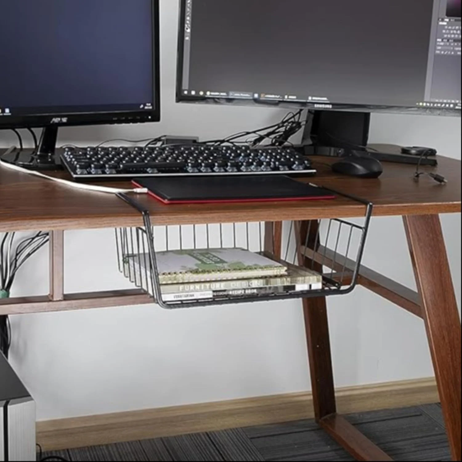 قفسه نظم دهنده زیر کابینتی 2 تکه، سبدهای آویز توری فلزی برای انبار آشپزخانه، سفید قفسه نظم دهنده زیر کابینتی 2 تکه، سبدهای آویز توری فلزی برای انبار آشپزخانه، سفید