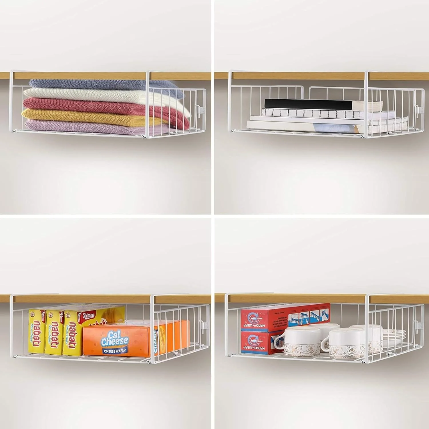 قفسه نظم دهنده زیر کابینتی 2 تکه، سبدهای آویز توری فلزی برای انبار آشپزخانه، سفید قفسه نظم دهنده زیر کابینتی 2 تکه، سبدهای آویز توری فلزی برای انبار آشپزخانه، سفید