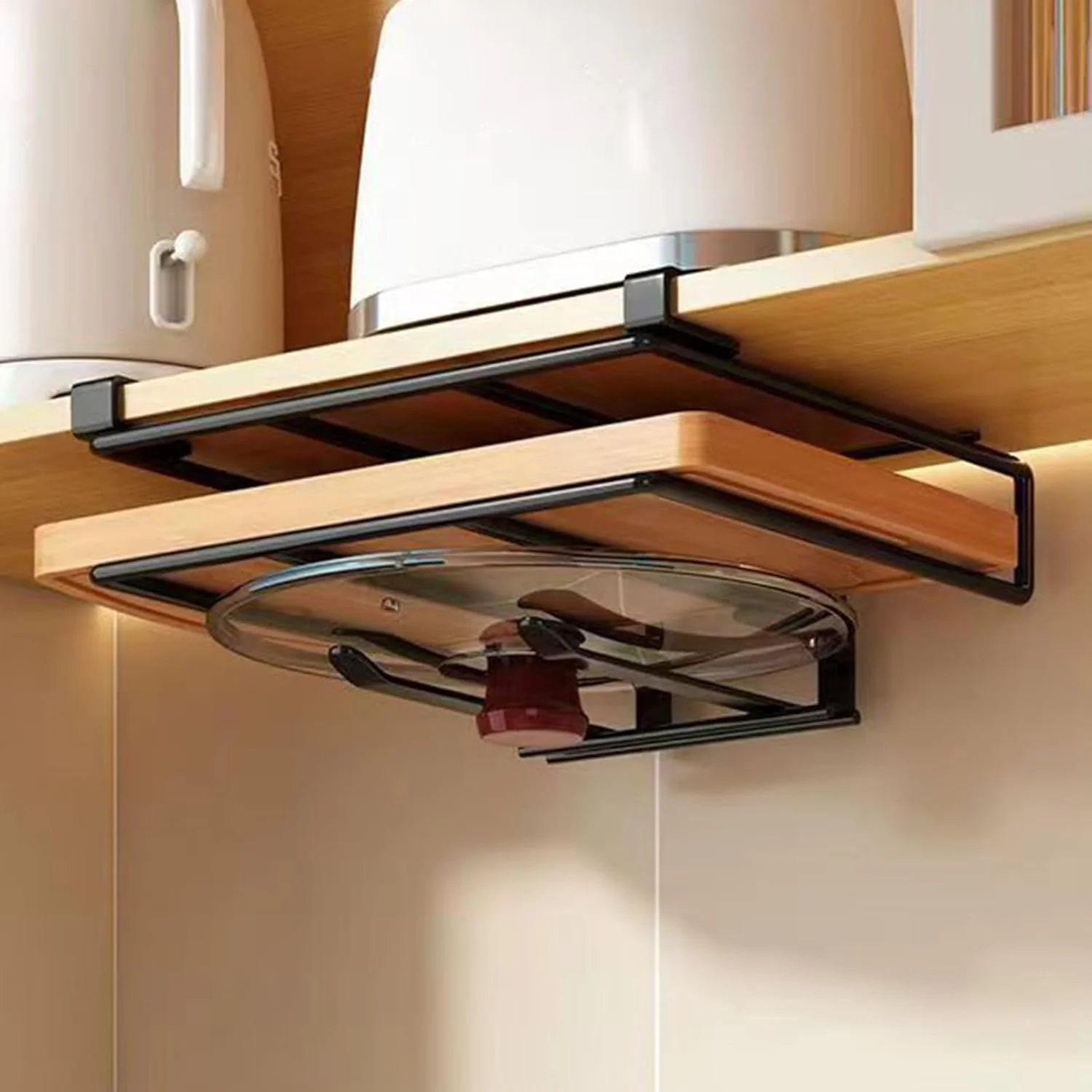 جا لیوانی آویز کابینت، آویز چند منظوره فنجان قهوه بدون نیاز به سوراخکاری، قفسه سازمان دهنده وسایل آشپزخانه زیر قفسه برای فنجان/لوازم آشپزخانه/قفسه نگهداری تخته برش (مشکی-B)