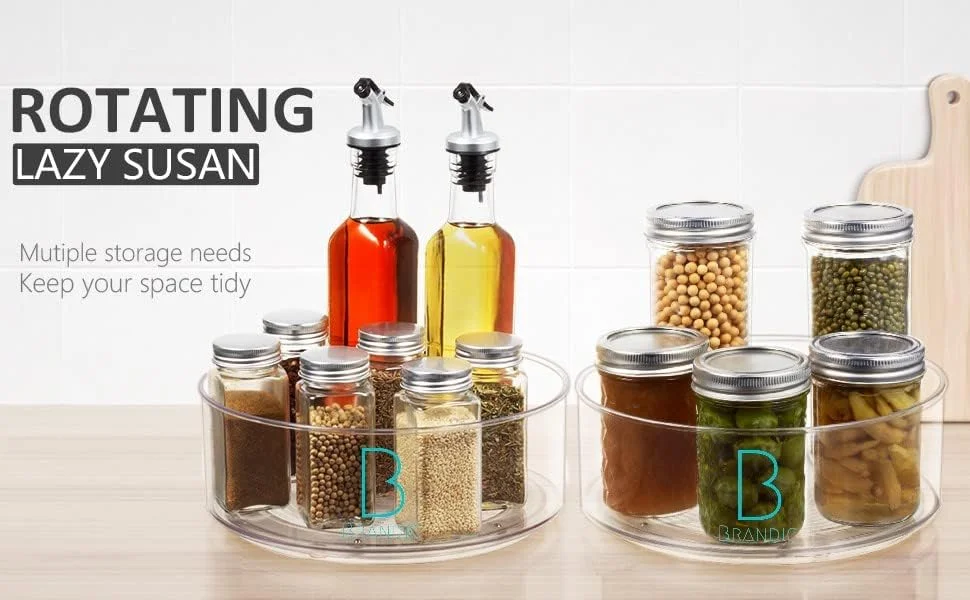 مجموعه 2 عددی ارگانایزر و نظم دهنده آشپزخانه گردان BRANDIC - چرخش 360 درجه، پلاستیک شفاف، مناسب برای کابینت، انبار، یخچال، روی میز، لوازم آرایشی