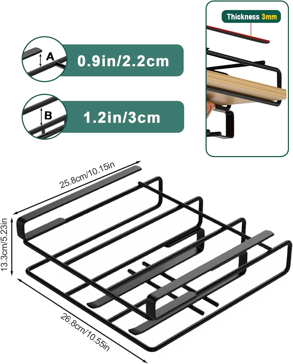 جا لیوانی آویز کابینت، آویز چند منظوره فنجان قهوه بدون نیاز به سوراخکاری، قفسه سازمان دهنده وسایل آشپزخانه زیر قفسه برای فنجان/لوازم آشپزخانه/قفسه نگهداری تخته برش (مشکی-B)