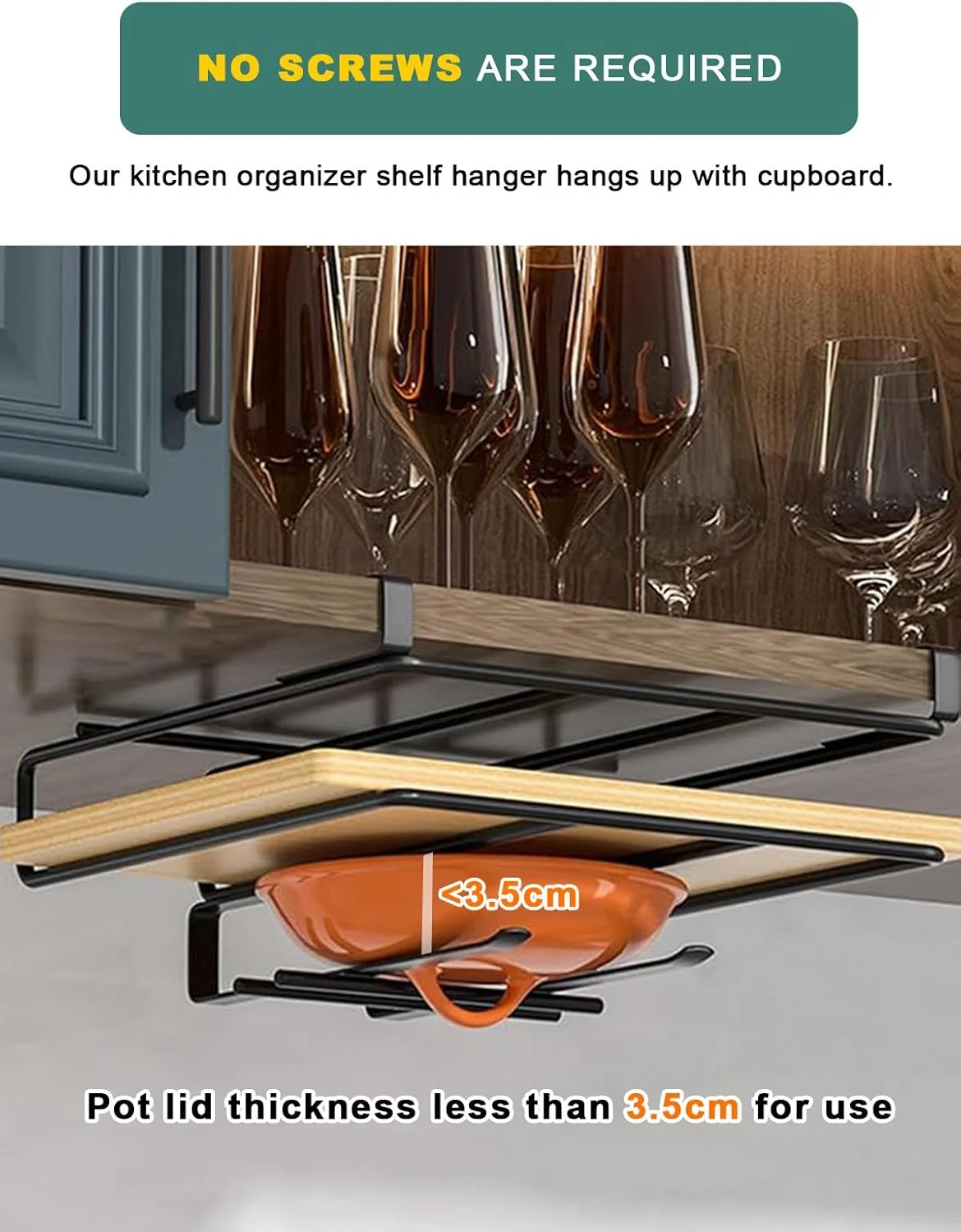 جا لیوانی آویز کابینت، آویز چند منظوره فنجان قهوه بدون نیاز به سوراخکاری، قفسه سازمان دهنده وسایل آشپزخانه زیر قفسه برای فنجان/لوازم آشپزخانه/قفسه نگهداری تخته برش (مشکی-B)